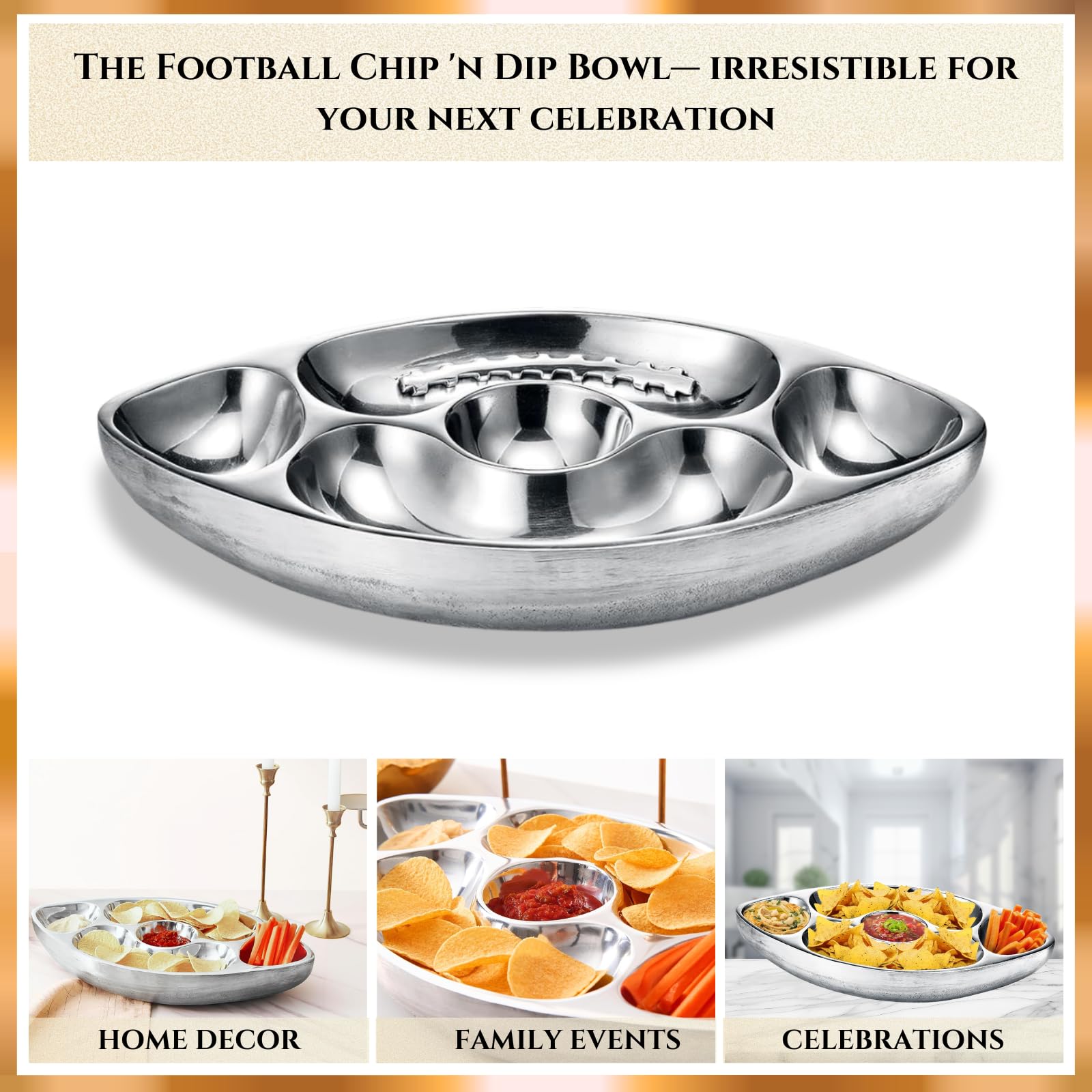 Football Tailgate Superbowl Serving Bowl Silver Brass Snack