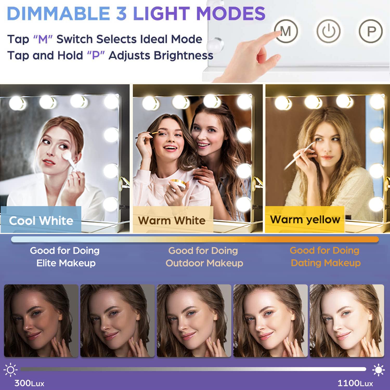 M Mivonda Vanity Mirror With Lights, Lighted Makeup Hollywood Mirror With Dimmable 3 Color Lights Led Bulbs For Desk And Wall, M