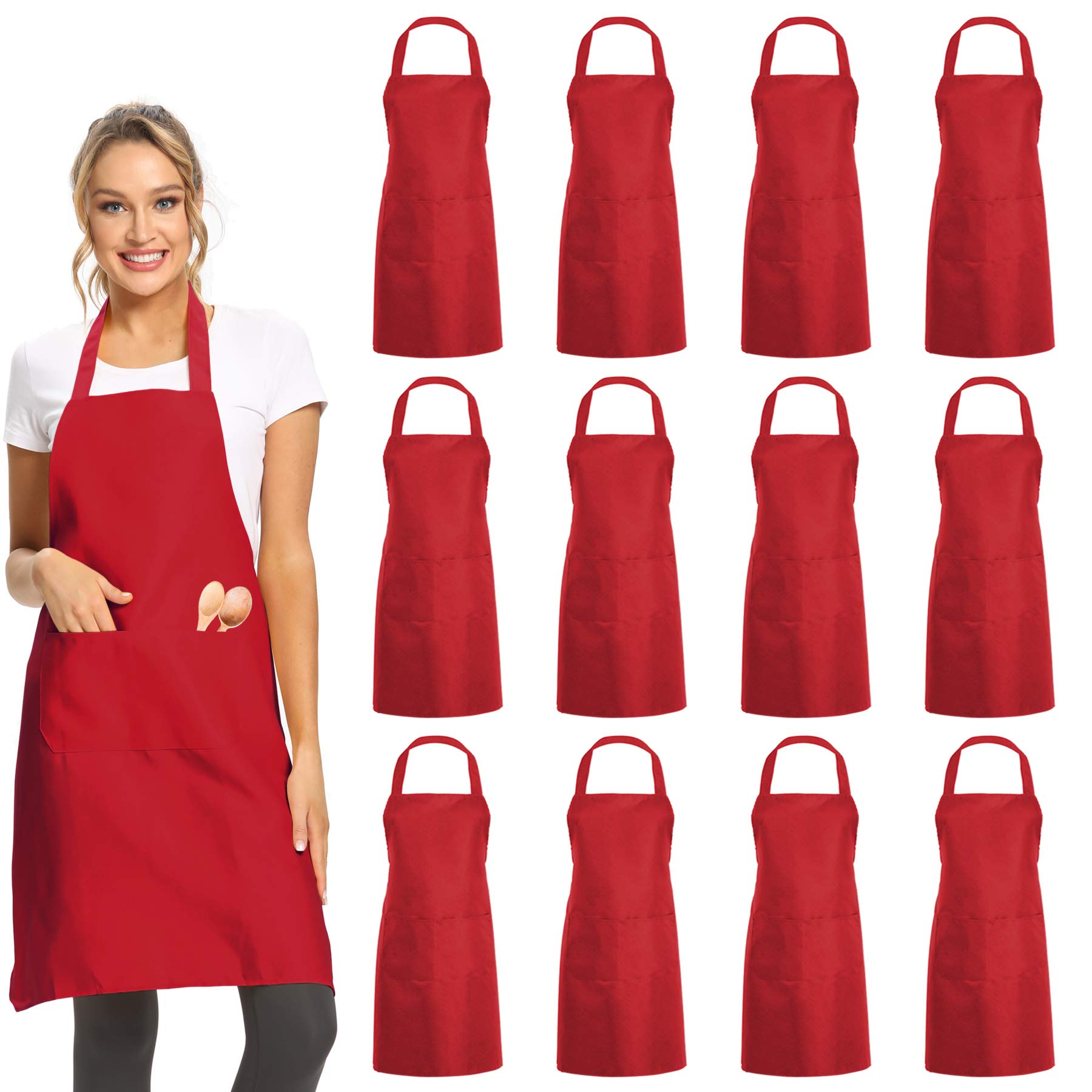 Duskcove 12 Pack Plain Bib Aprons With 2 Pockets - Red Unisex Commercial Apron Bulk For Kitchen Cooking Restaurant Bbq Painting