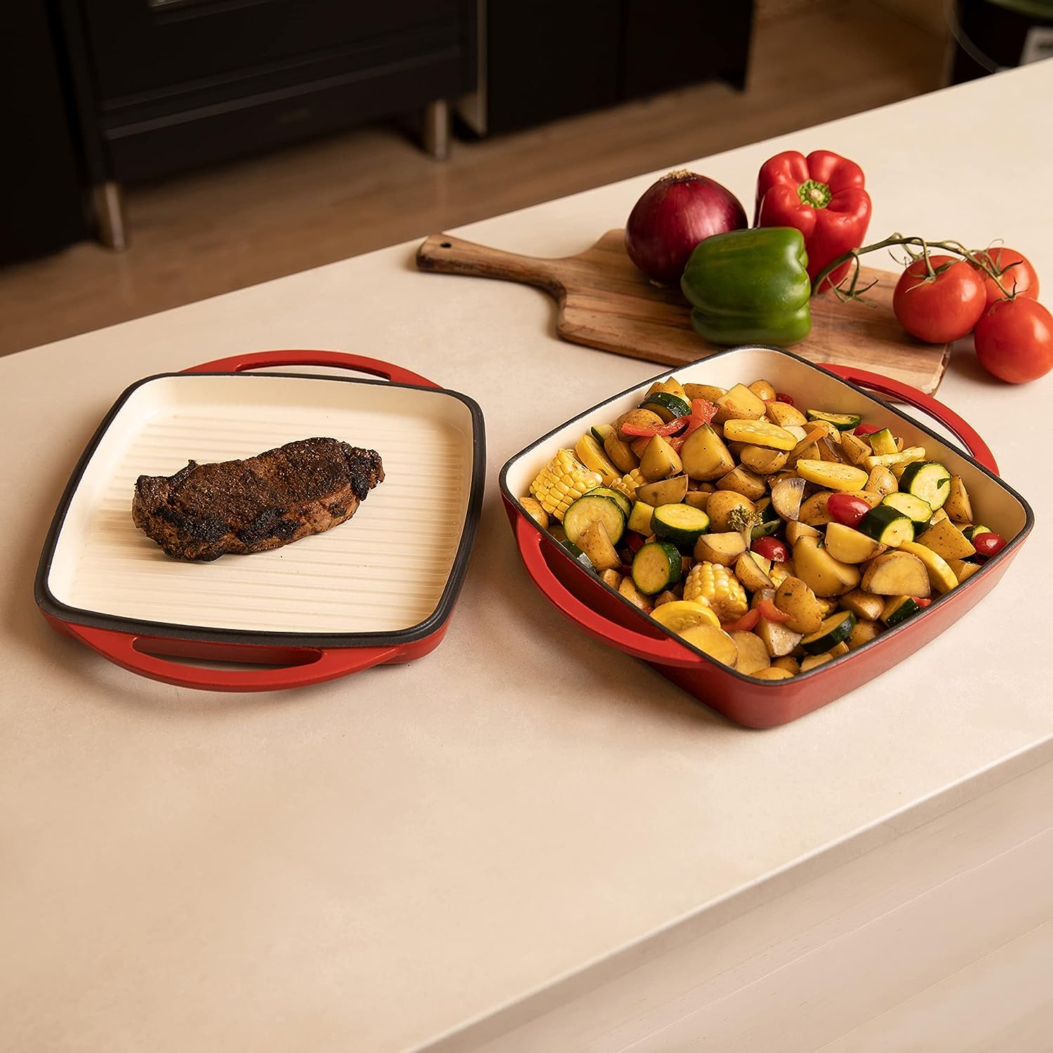 Bruntmor 2-in-1 Square Enameled Cast Iron Dutch Oven Baking Pan and Gridle Lid with Dual Handles  Cast Iron Skillet lid  Coating Gridle for baking  bacon Steaks - Red