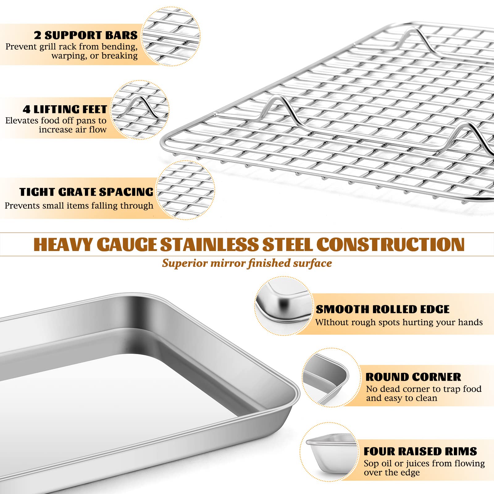 Metal Toaster Oven Tray With Rack Set, E-Far 10.5   X8.3    Baking Sheet Broiling Pan With Stainless Steel Wire Grate Rack For C