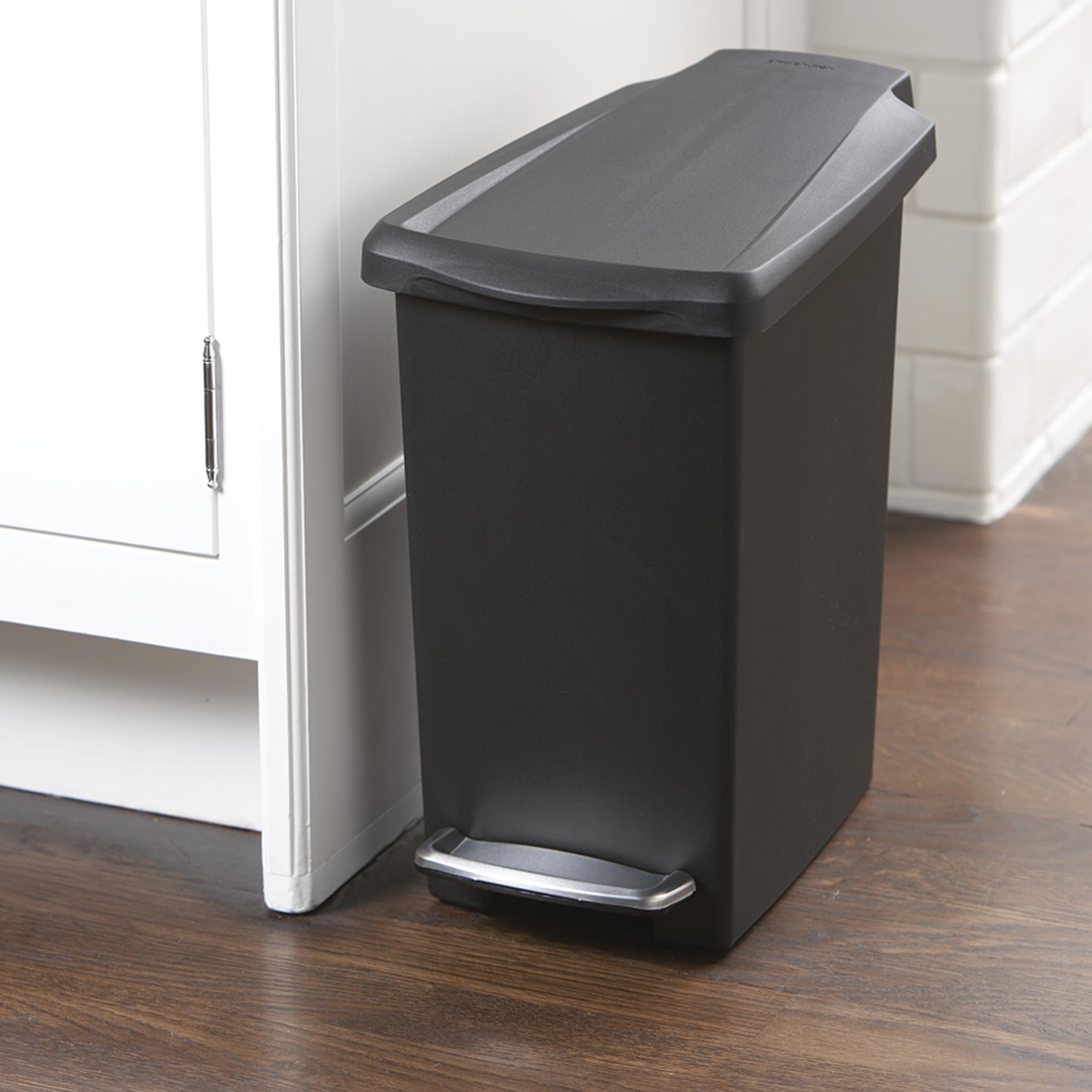 Simplehuman Rectangular 10 Liter / 2.6 Gallon Compact Slim Bathroom Or Office Step Trash Can, Black Plastic