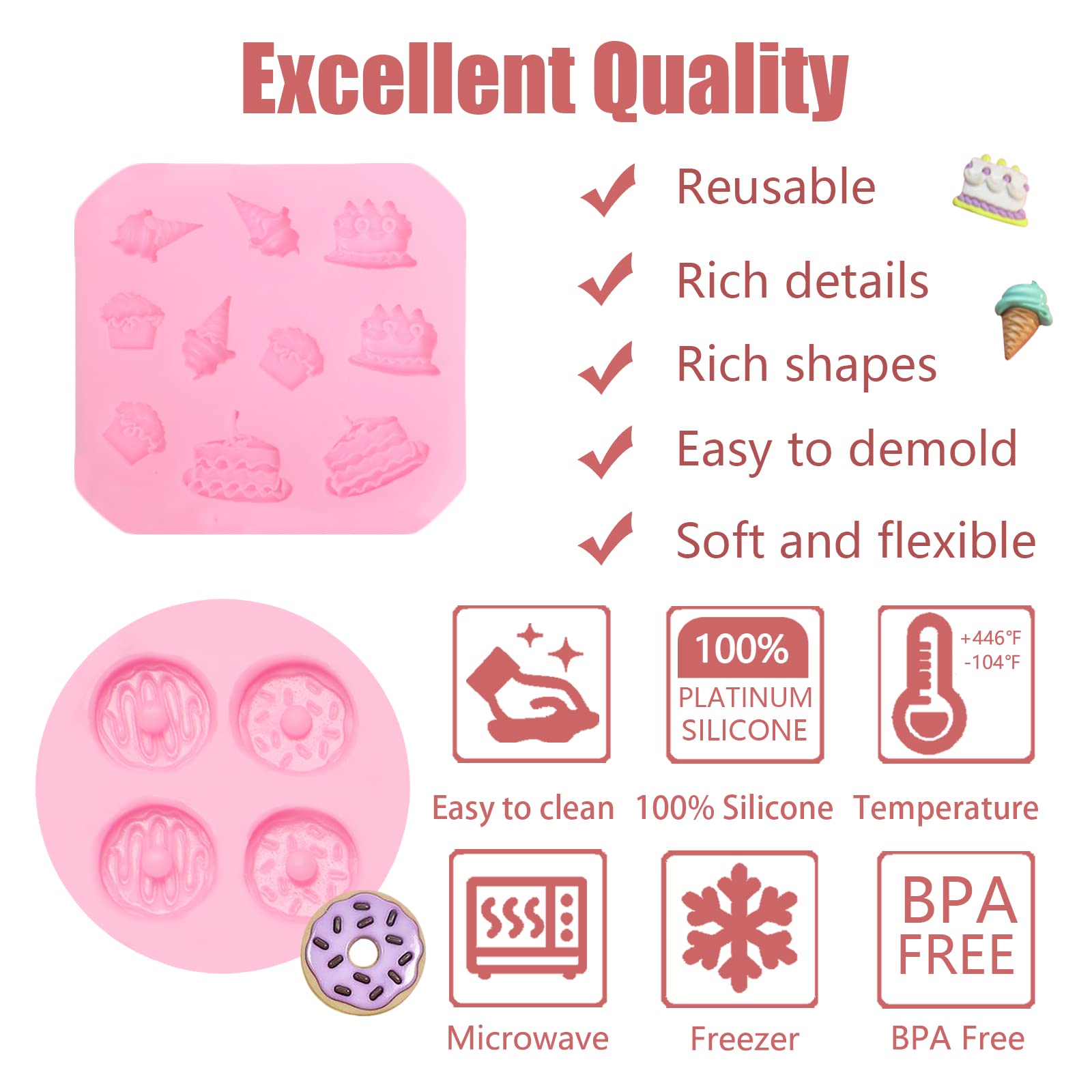 Ice Cream Donut Candy Cake Shapes Silicone Molds 5 Pcs, Fruit Blueberry Mulberry Fondant Mold For Chocolate Cake Decoration Cupc