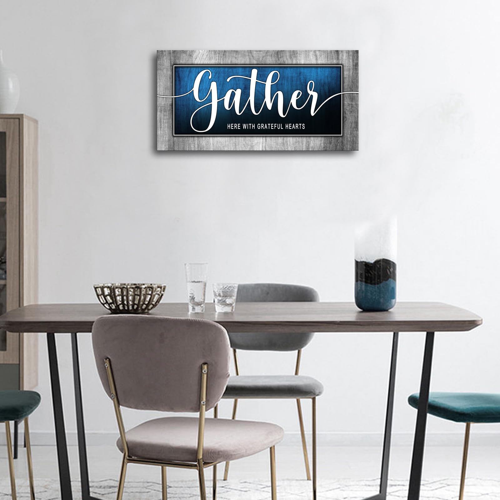 Inspirational Quote Canvas Wall Art For Living Room-Gather Signs For Home Decor-Gather Wall Decor-Blue Canvas Print Painting Pic