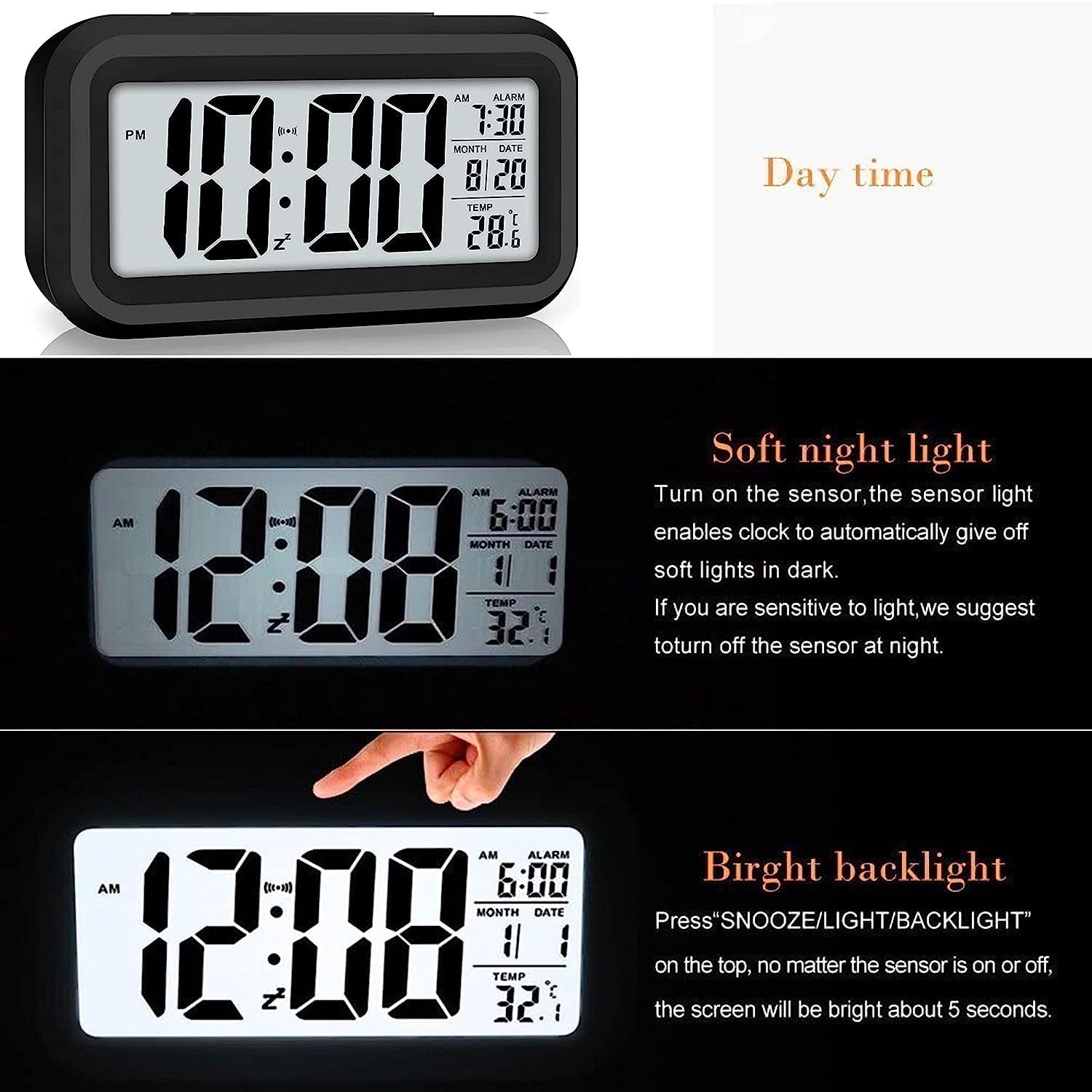 Aerys Digital Alarm Clock With Automatic Sensor, Date And Temperature Display, Table Clock For Students, Home, Office, Corporate