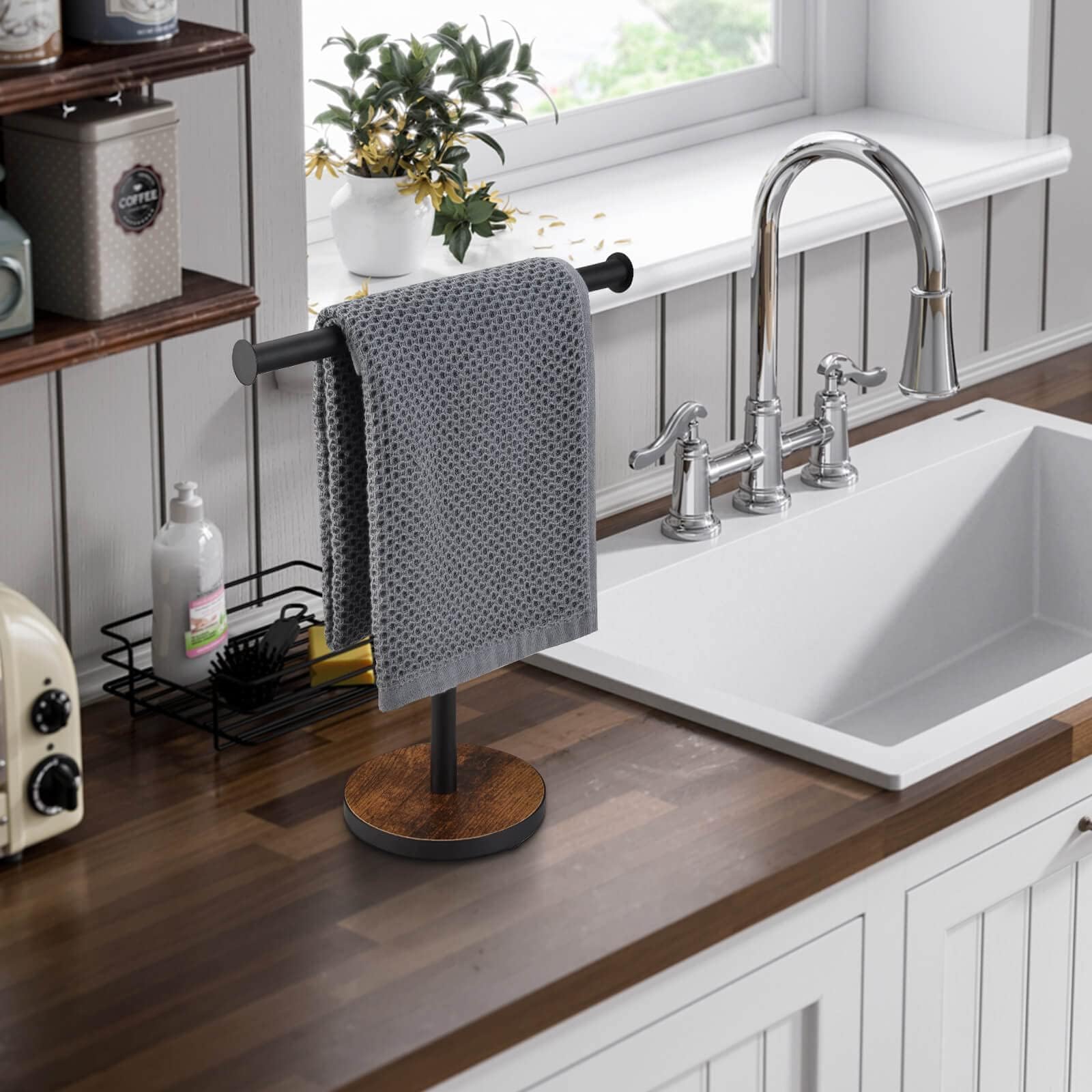 BCOZLUX Towel Holder Stand  Countertop Hand Towel Stand for Bathroom and Kitchen  Free Standing Counter Towel Rack with Weighted Wood Base  Rustic Black and Brown