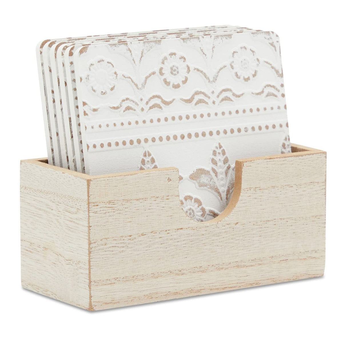 Set Of 6 White Wooden Coasters With Holder For Drinks, Coffee Table, And Floral Farmhouse Decor (3.8 Inches)