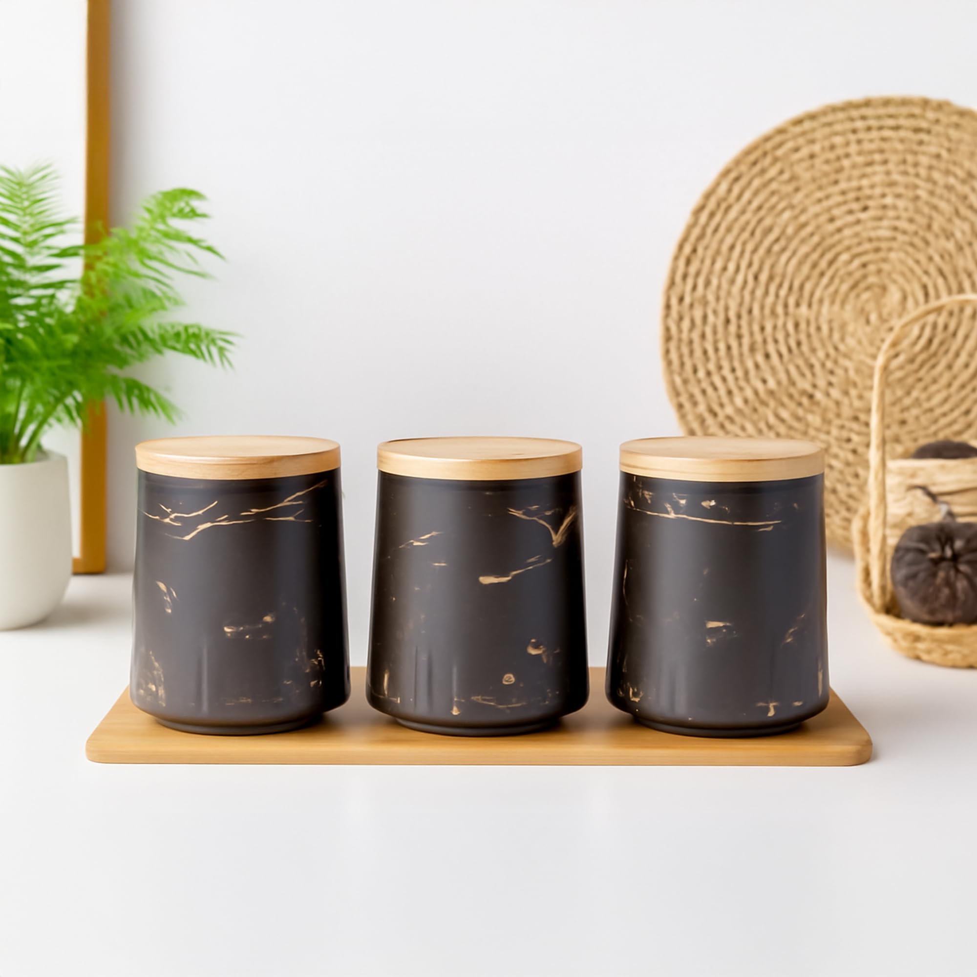 The Better Home Ceramic Jars For Kitchen Storage With Bamboo Lids | Pack Of 3 | 280Ml Each | Multipurpose Jars For Pickles, Nuts