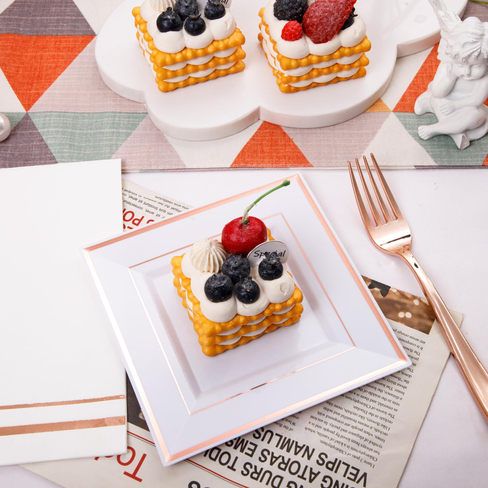 Festiva 350Pcs Rose Gold Plates And Napkins Party Supplies-Square White And Rose Gold Plates Disposable Dinnerware Include Plate
