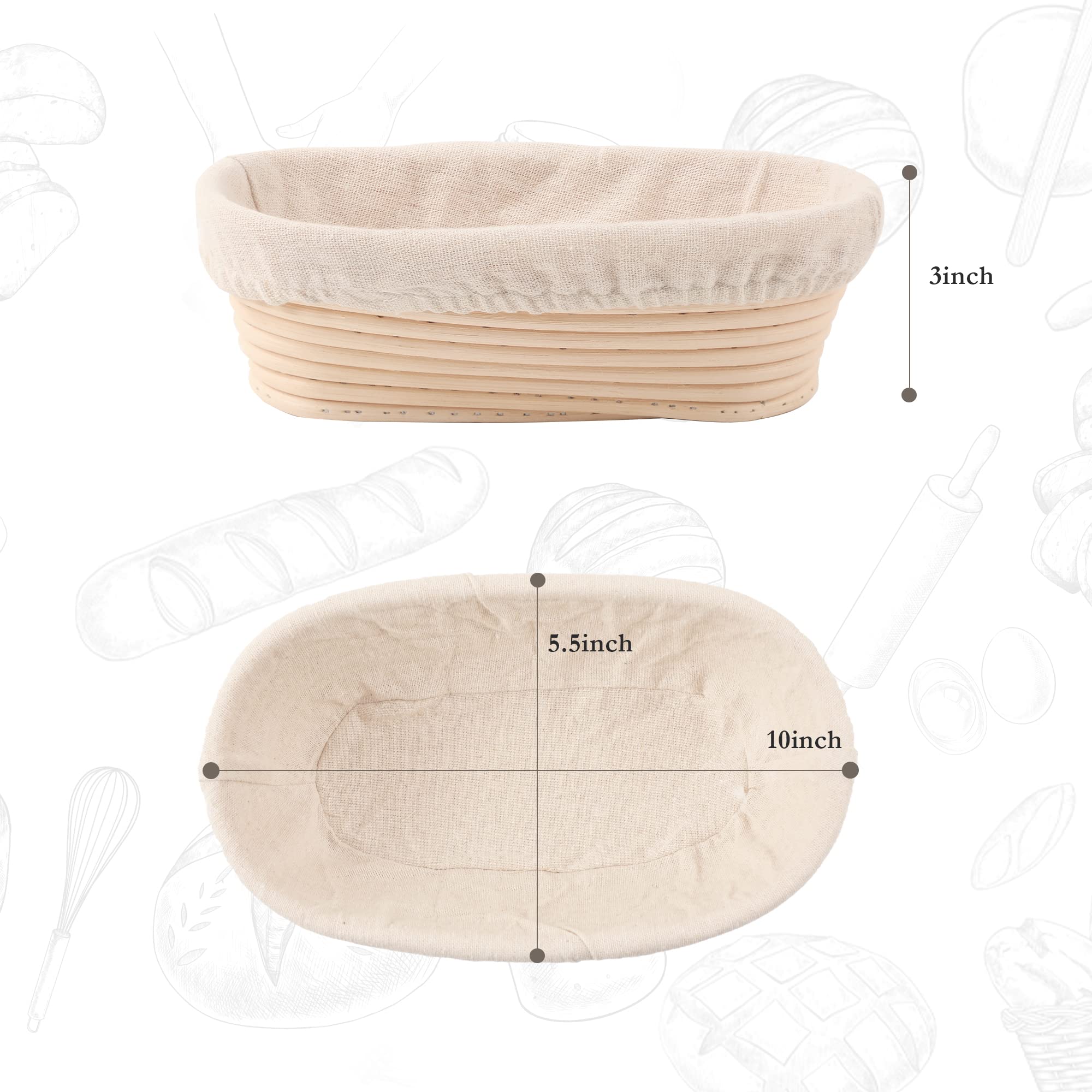 Joyyy Sourdough Bread Proofing Baskets With Liner, Dough Rising Ratten Bowl For Bread Making And Baking, Oval, 10 Inch (Set Of 2