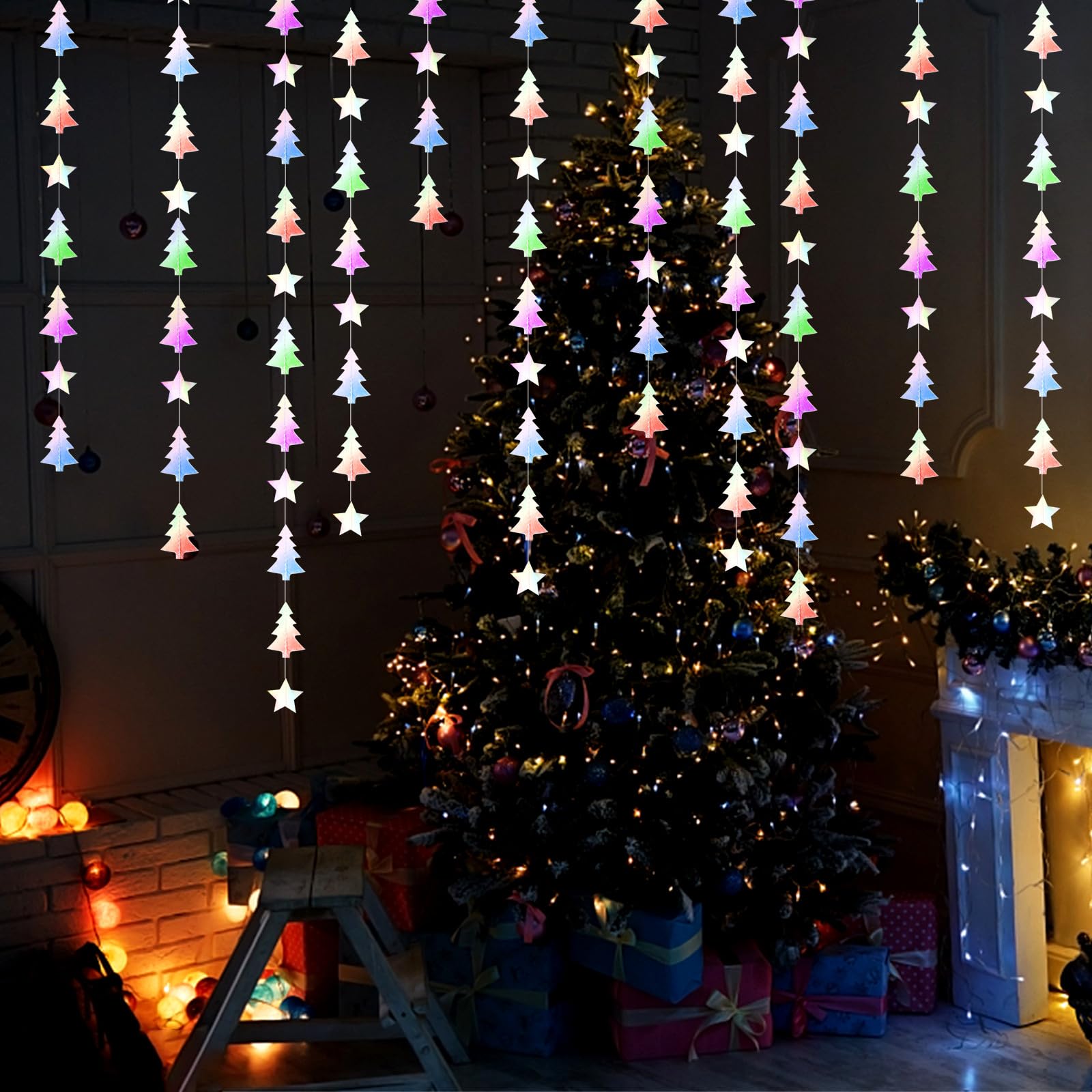 Iridescent-Holographic Christmas-Tree Star Party-Decorations Garland - 52 Ft Winter New Year Supplies Hanging Paper Streamers Ba