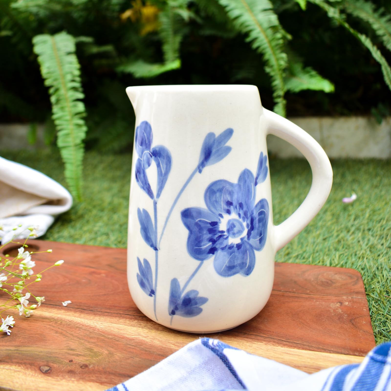 Qshi Studio Handmade Ceramic Jug | Milk & Water Jugs For Dining Table Kitchen | Juice Serving Pitcher  800 Ml (Blue)