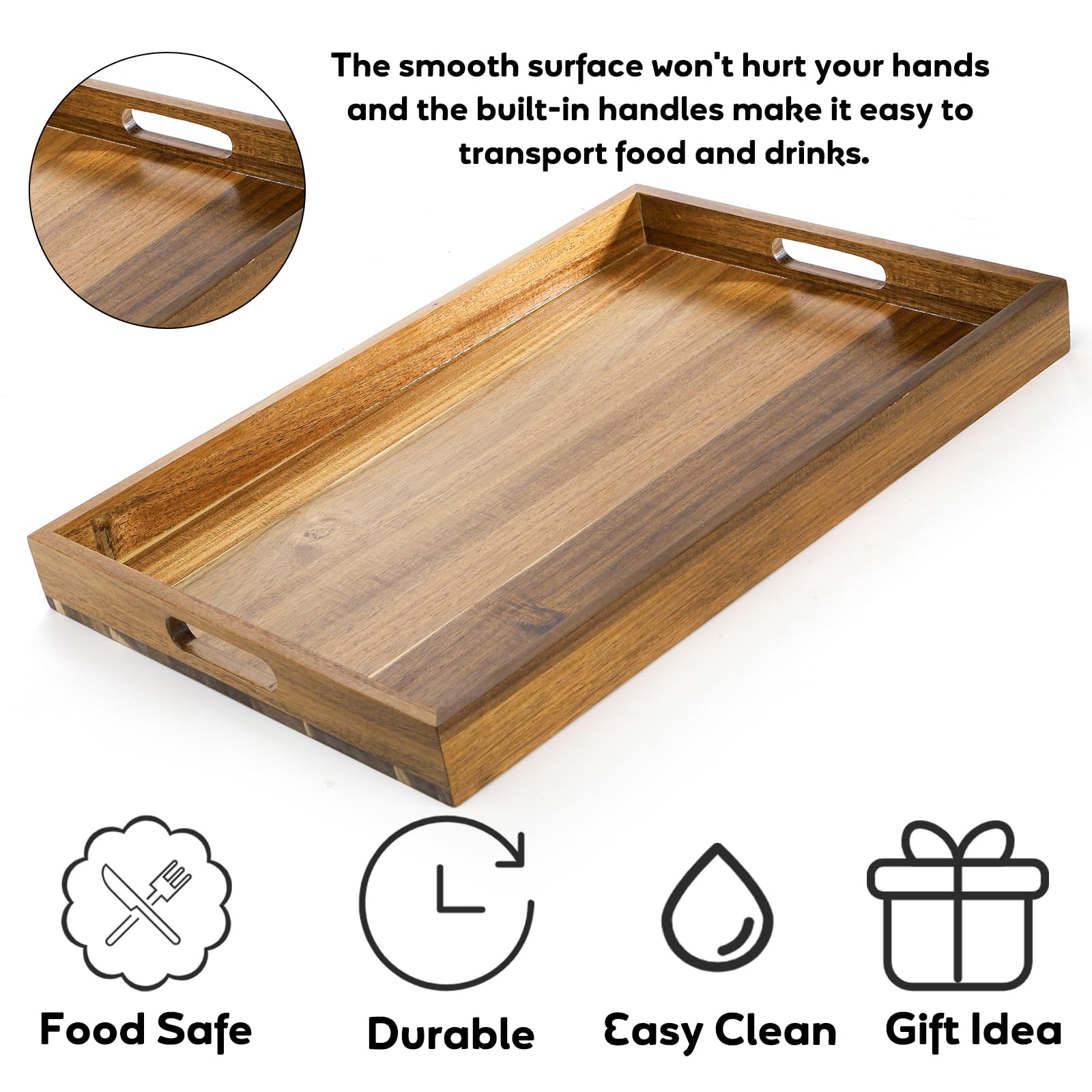 Youeon 2 Pack Large Acacia Wood Serving Tray With Handles, 17X12 Inch Decorative Wood Trays For Serving Food, Party, Rectangle O