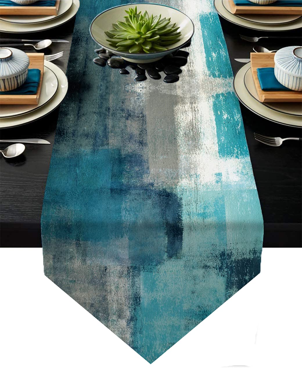 Turquoise And Grey Table Runners 90 Inches Long,Teal Abstract Modern Art Burlap Table Runners For Table Dresser Runner Farmhouse