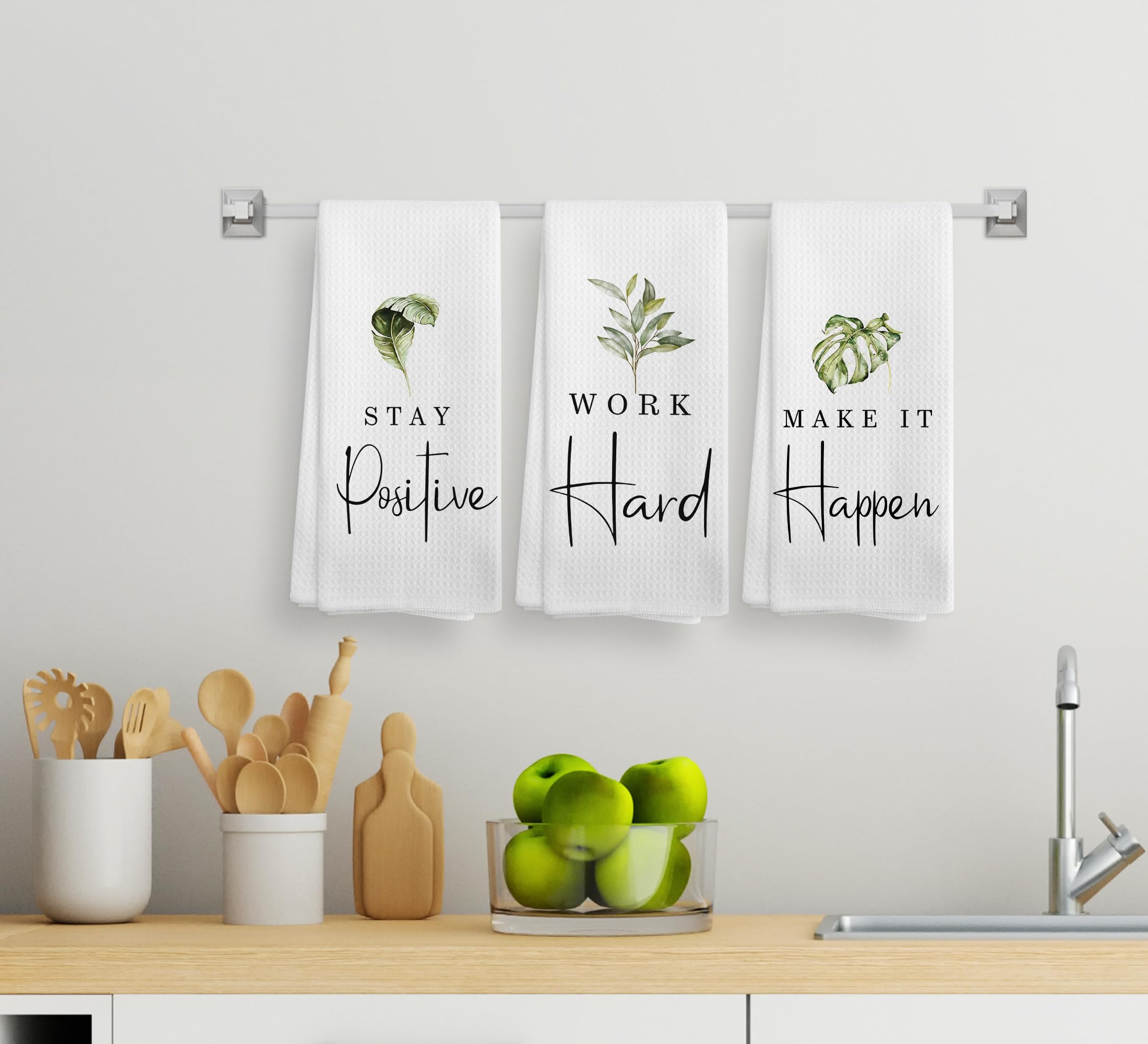 Noql Stay Positive Work Hard And Make It Happen Green Leaf Kitchen Towel And Dishcloths Set Of 3,Inspirational Quotes Absorbent
