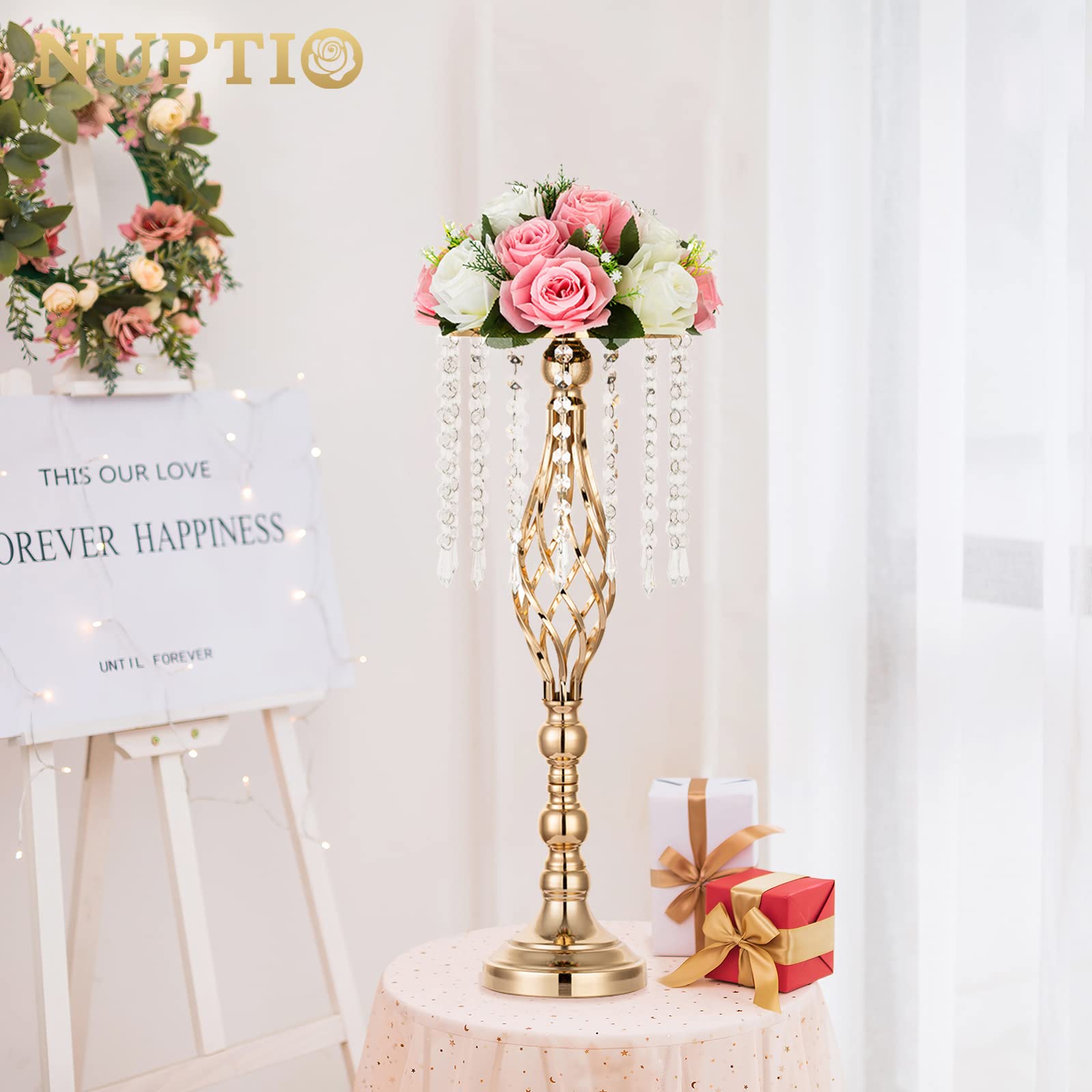 Nuptio 10 Pcs Crystal Flower Stand Wedding Centerpieces for Tables, 21.7in/55cm Tall Elegant Metal Flower Arrangement Stand, Tab