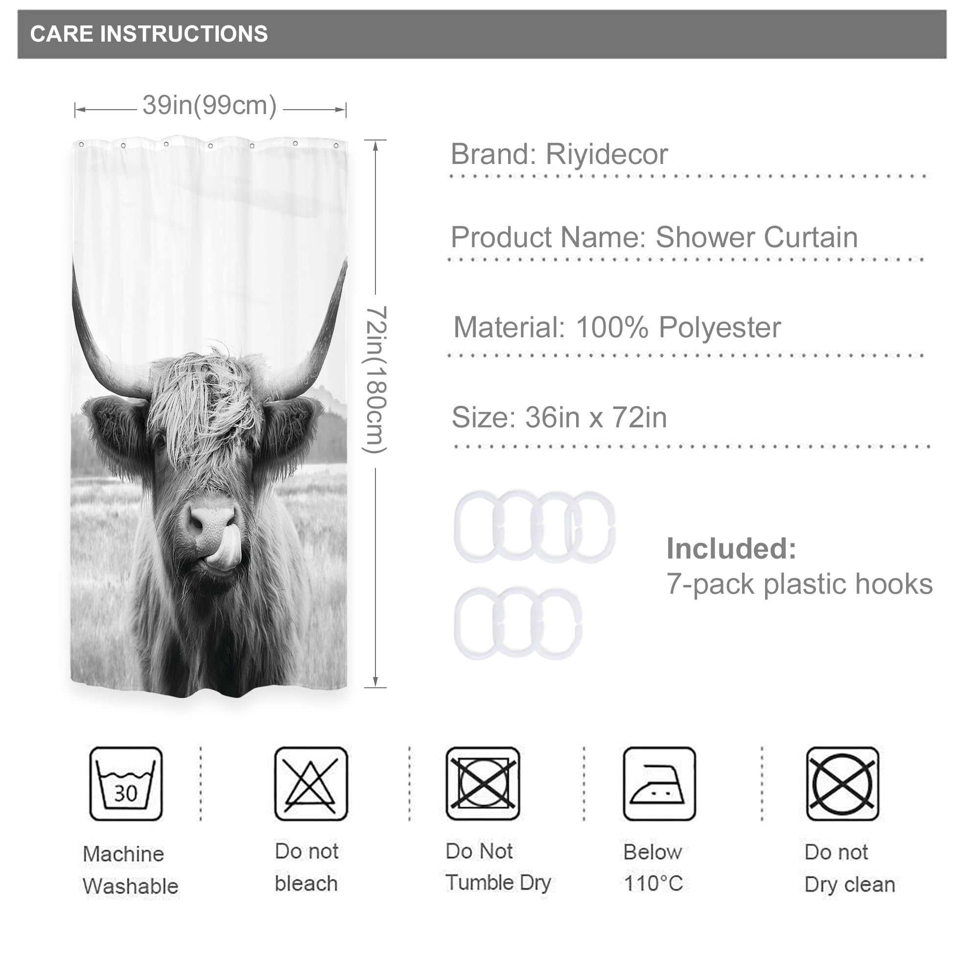 Riyidecor Small Stall Highland Cow Bull Shower Curtain 36Wx72H Inch Farmouse Western Animal Wildlife Funny Cute Sketch Waterproo
