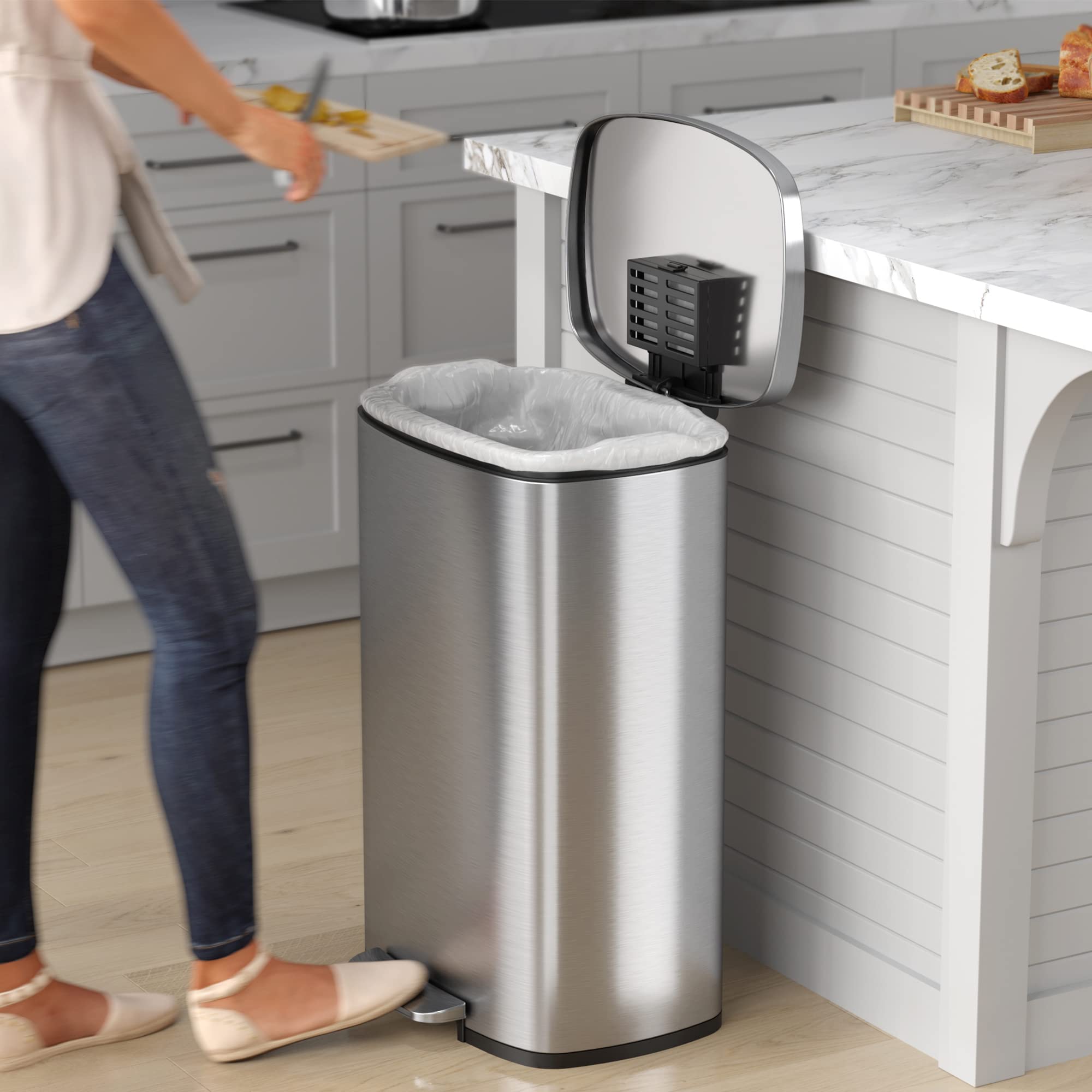 Itouchless Softstep 13.2 Gallon Step Kitchen Trash Can With Lid And Odor Filter, Stainless Steel 50 Liter Trashcan For Home Offi