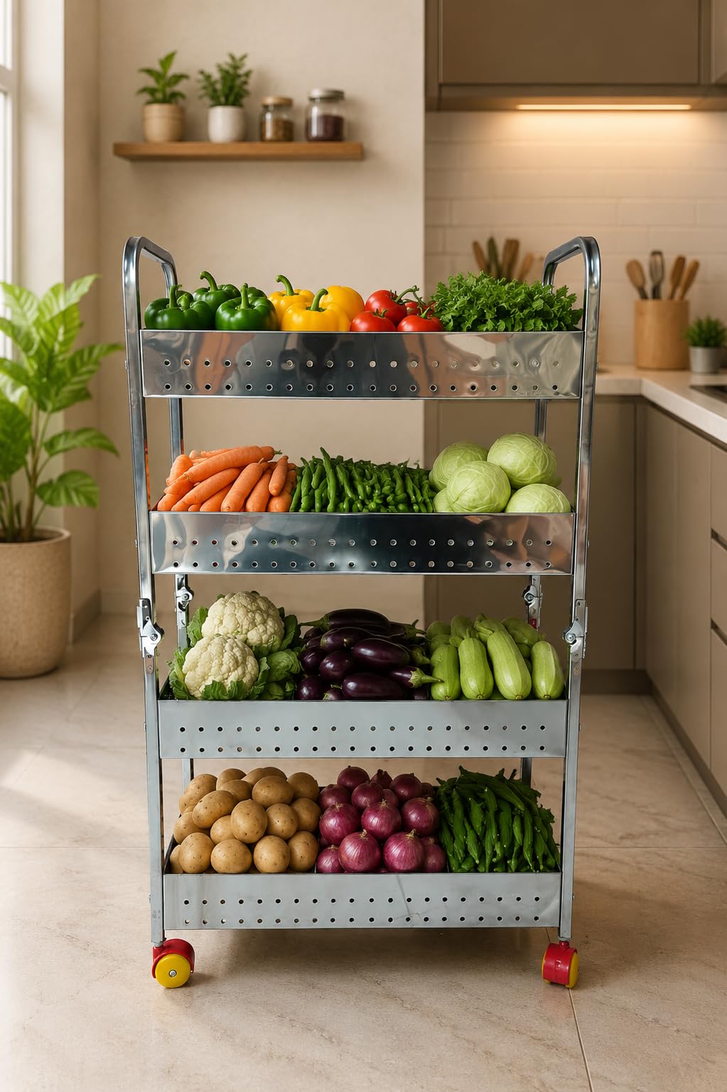 Swadhin Stainless Steel Perforated Folding 4Tier Fruits & Vegetable Onion Trolley Container Basket Organizer Organiser Holder S