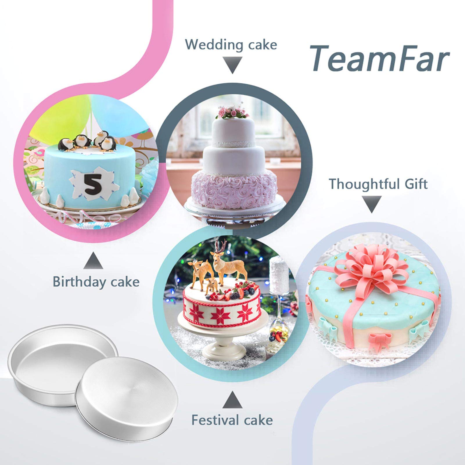 Teamfar 8 Inch Cake Pan, Stainless Steel Tiers Round Baking Cake Pans With Lids, Healthy & Heavy Duty, Dishwasher Safe & Easy Cl