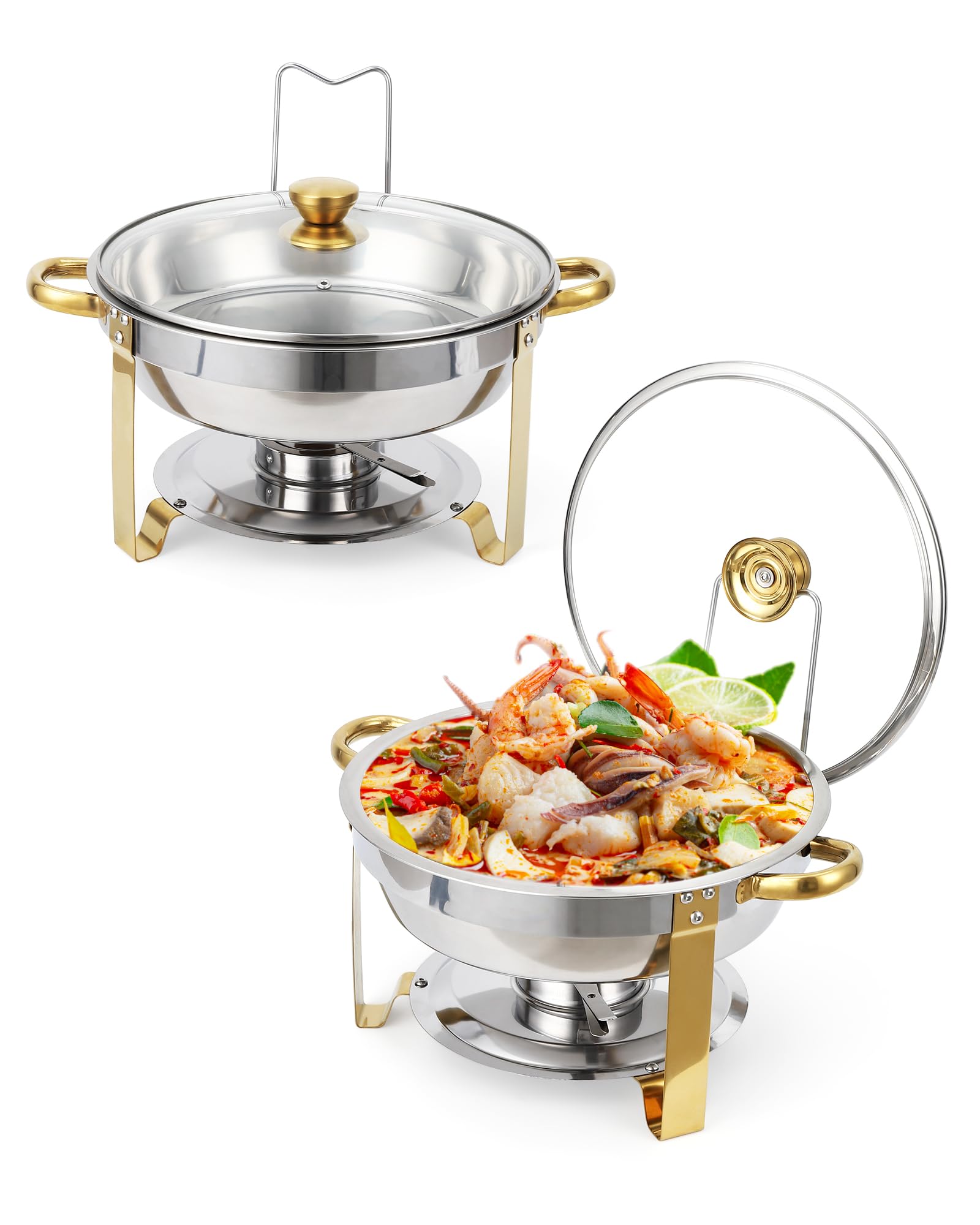 Garvee Chafing Dishes for Buffet, 5 QT Buffet Servers and Warmers Set of 2, Round Chafing Dishes with Glass Lid, Stainless Steel