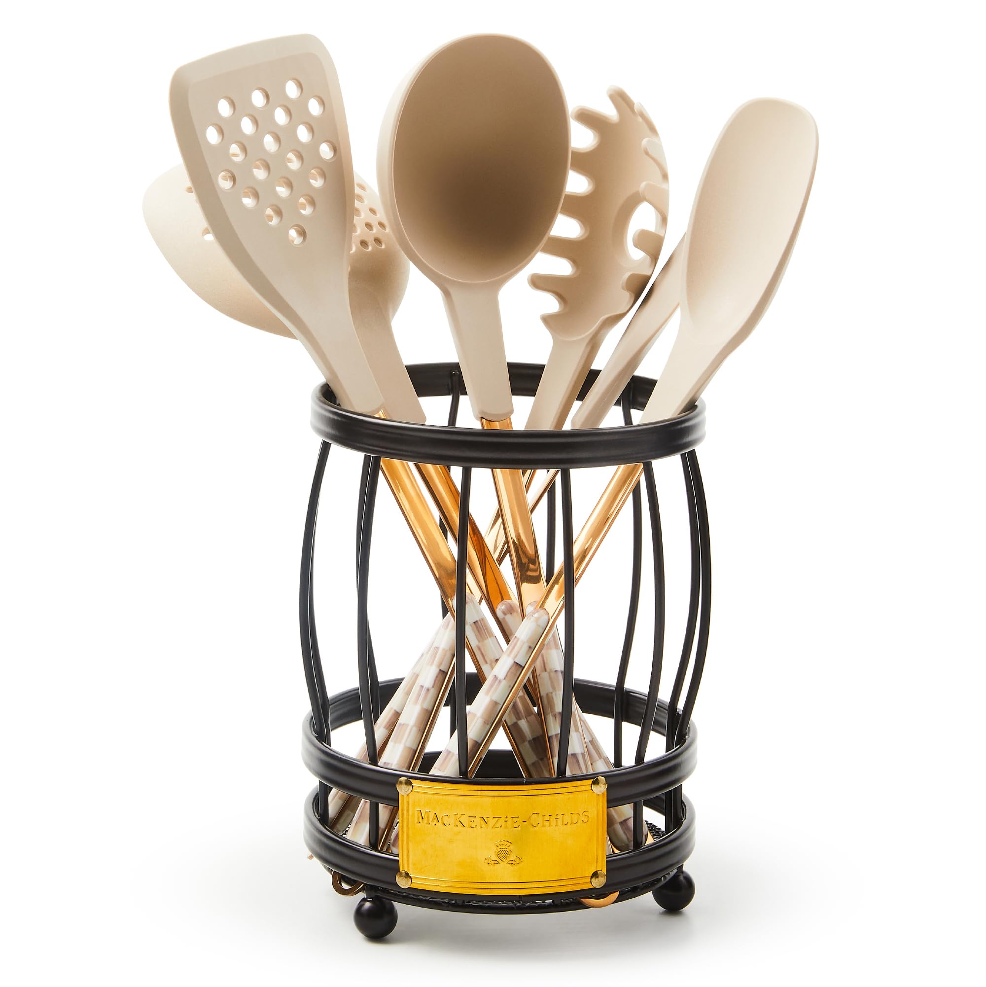 MACKENZIECHILDS Utensil Caddy Set, BrownandWhite Mocha Check