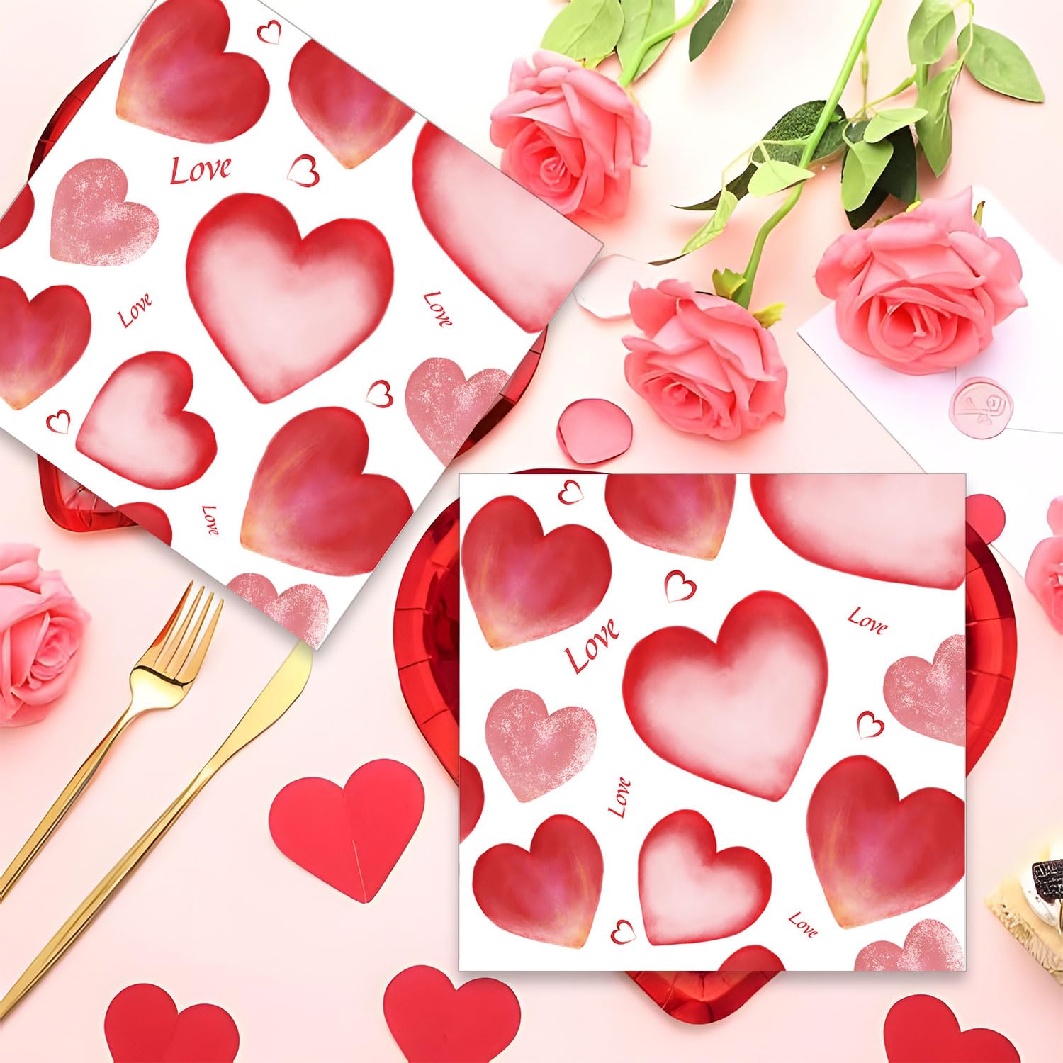 Dulousia Valentines Day Napkins - 6.5X6.5In Romantic Red Heart Pattern With Love Letters Paper Luncheon Napkins For Engagement W
