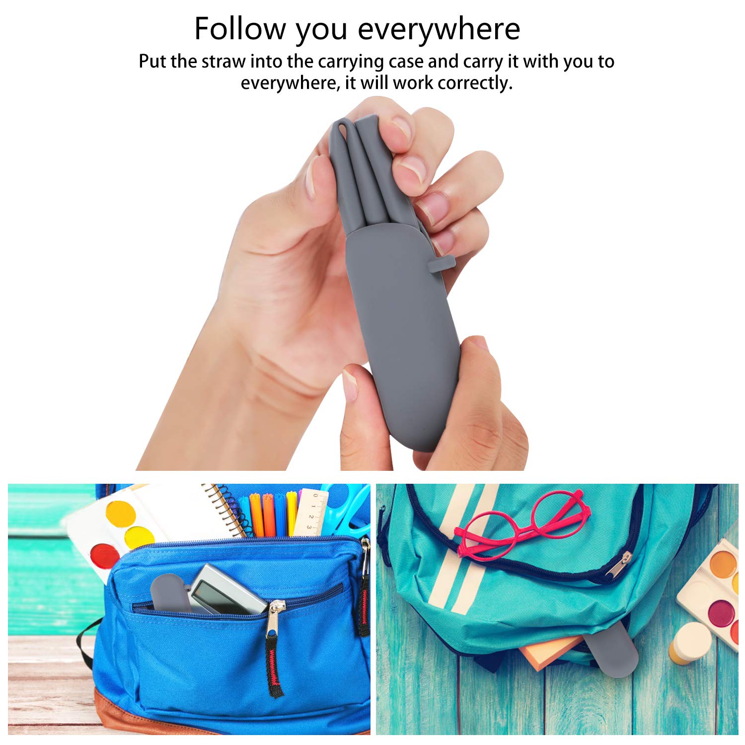 Sunseeke Silicone Straws Reusable - Odorless, 12 Standard Drinking Straws, 4 Carry Pouch, 2 Cleaning Brushes, Certificated Food