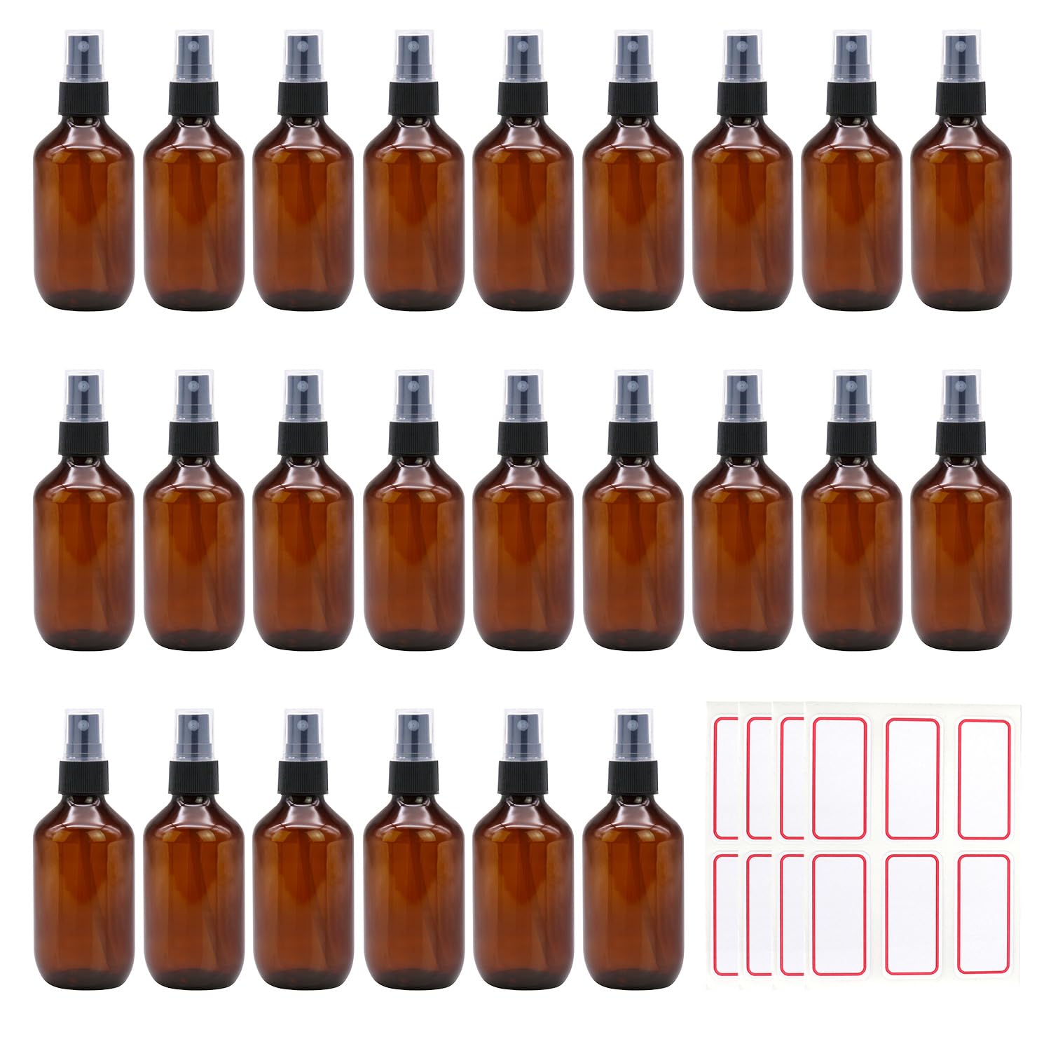 Trendbox 24 Pack 3.4Oz Amber Spray Bottles, Small Fine Mist Mister Plastic Travel Bottles, Empty Bottles Set For Essential Oils
