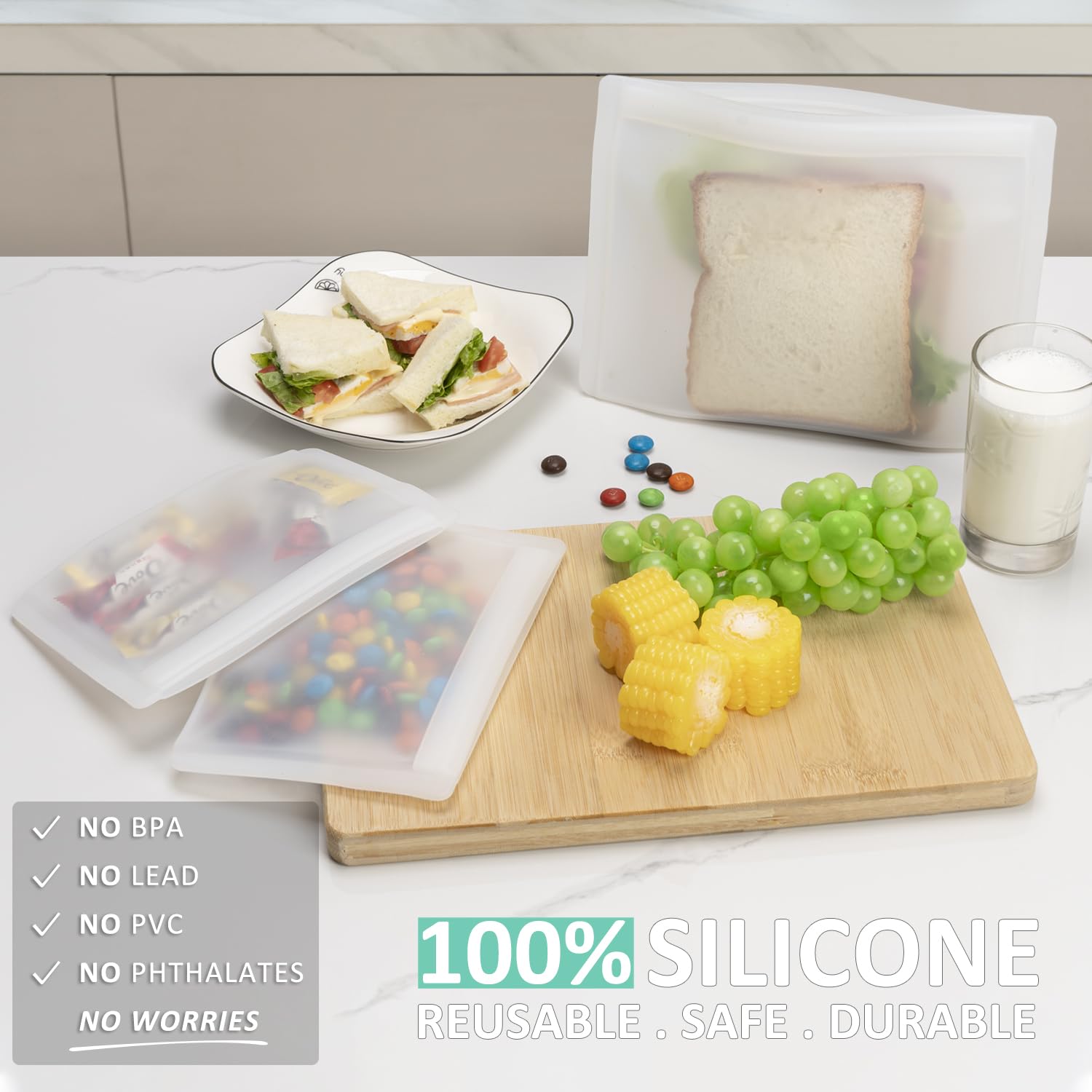 Annaklin Reusable Sandwich Bags & Snack Bags Set, 8 Pack, 100% Silicone Reusable Storage Bag, Soft Shell Ziplock Silicone Food S