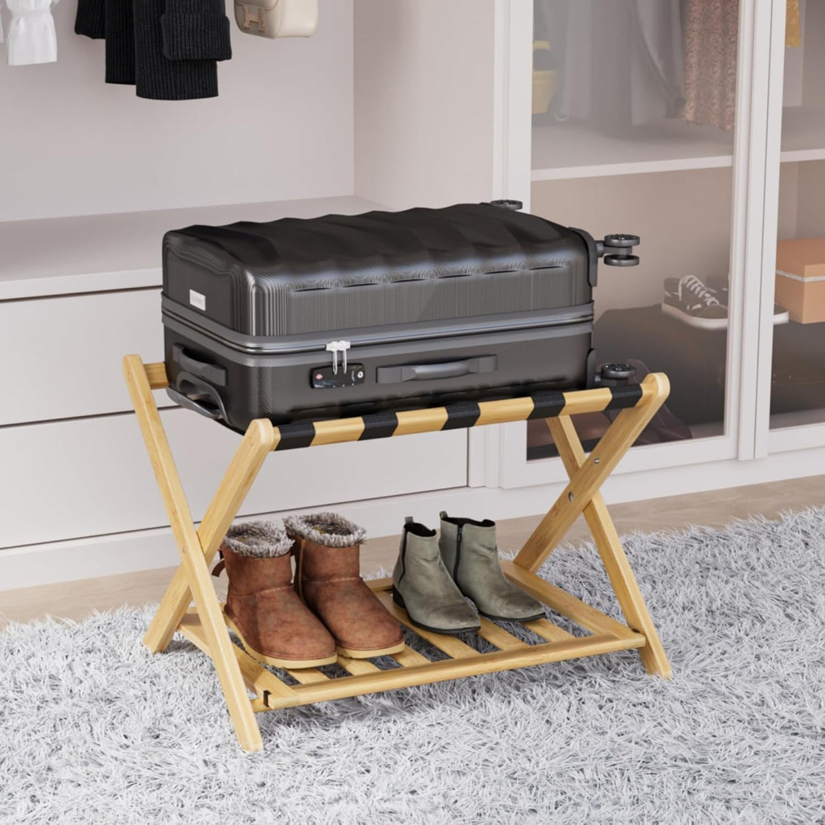 Smart Fendee Fully Assembled Bamboo Luggage Rack, Guest Room Essentials, Heavy Duty Folding Suitcase Stand With Storage Shelf, I