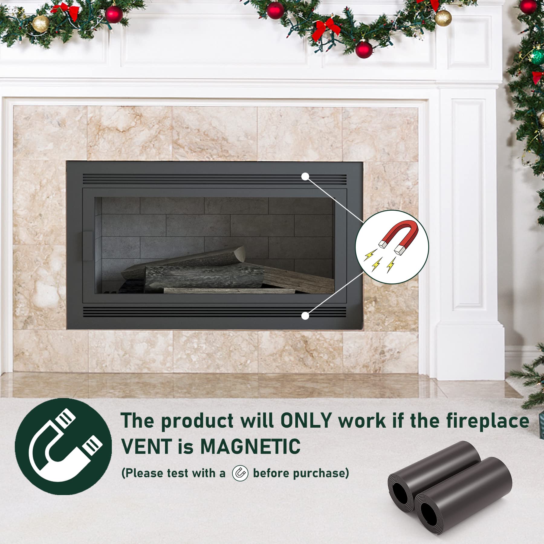 Flehomo Magnetic Fireplace Draft Stopper, 40 x 6 inch, Black, Rubber/Silicone, Prevent Cold Air and Heat Loss, 2 Pack