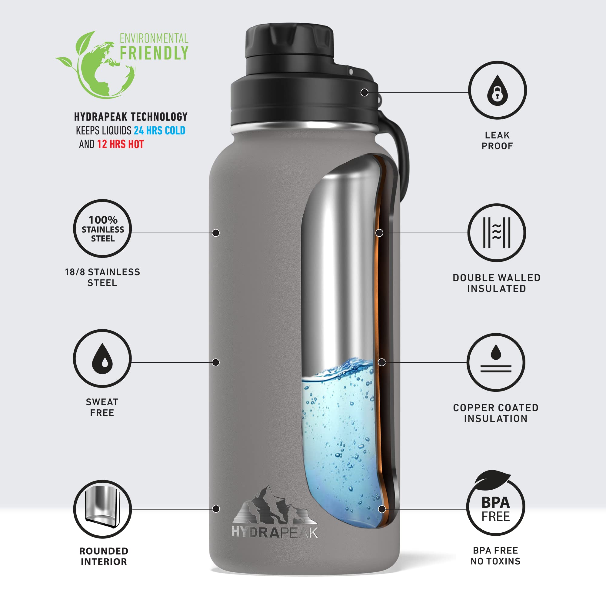 Hydrapeak 32Oz Insulated Water Bottle With Chug Lid And Handle, Metal 32 Oz, Leak Proof Stainless Steel | Grey
