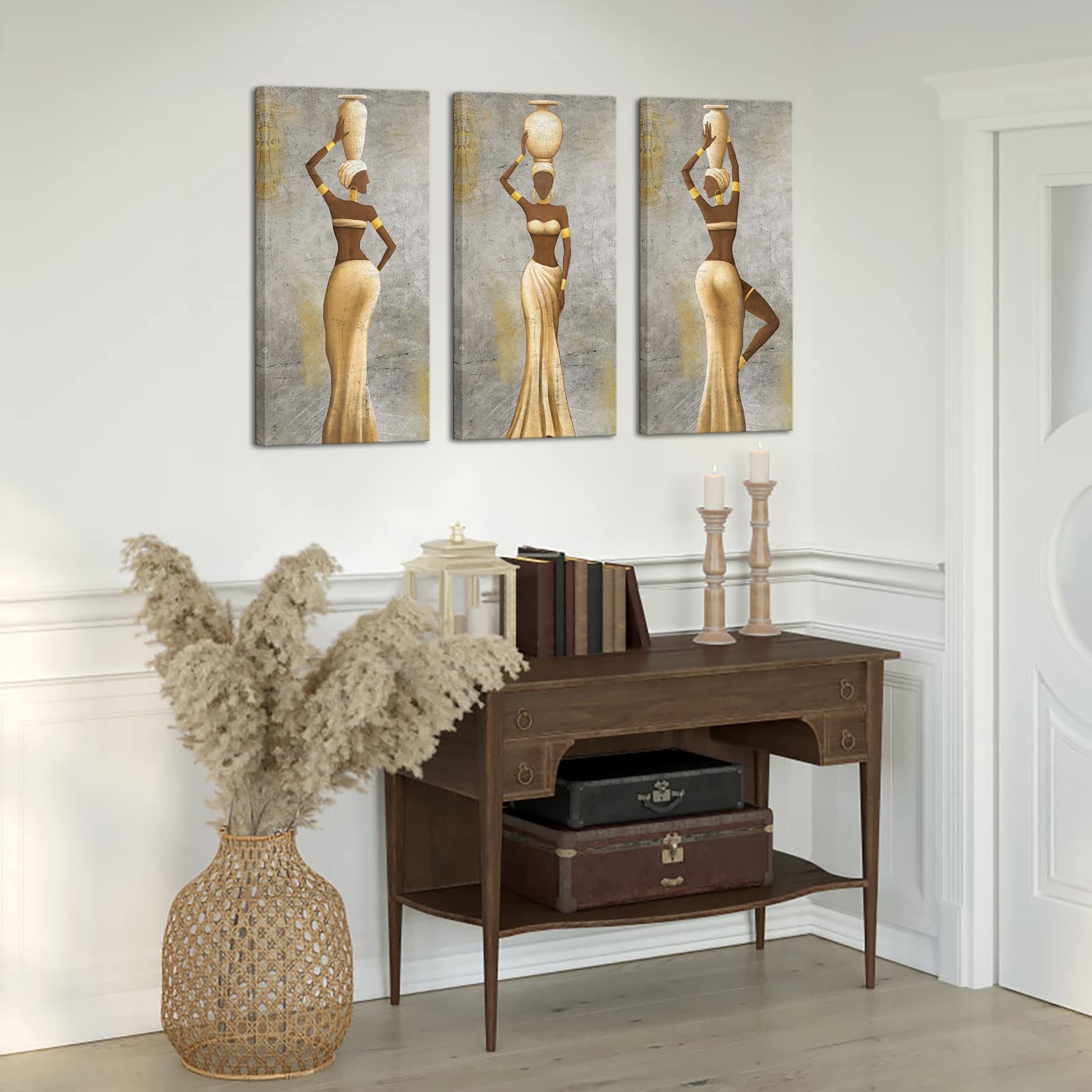 Levvarts Large 3 Pieces African Women Canvas Wall Art Traditional Black Girl Ethnic Ancient Theme Painting Africa Tribal Art Pic