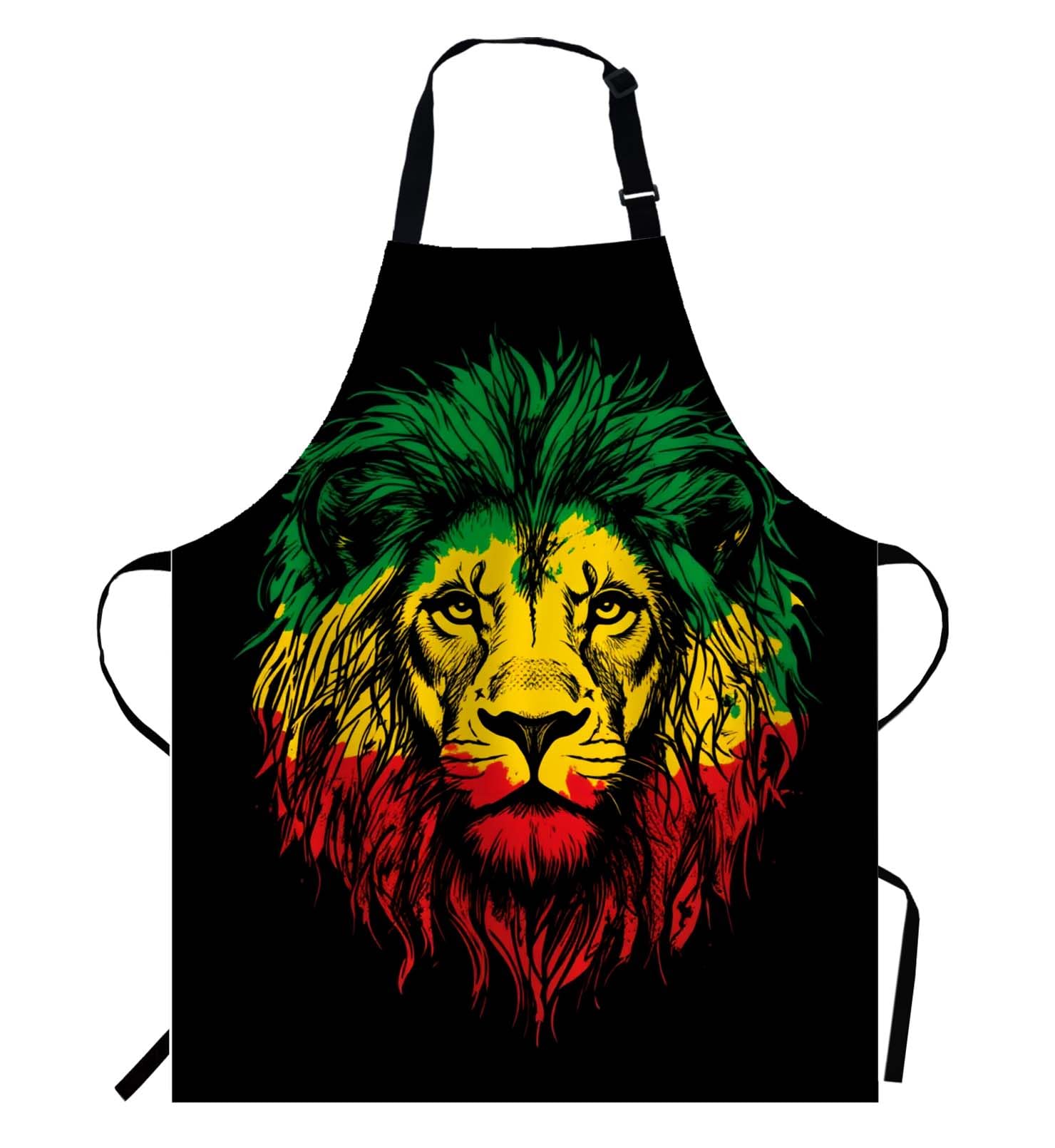 Wondertify Rasta Lion Apron,Rasta Theme With Lion Head On Black Background Green Yellow Red Bib Apron With Adjustable Neck For M
