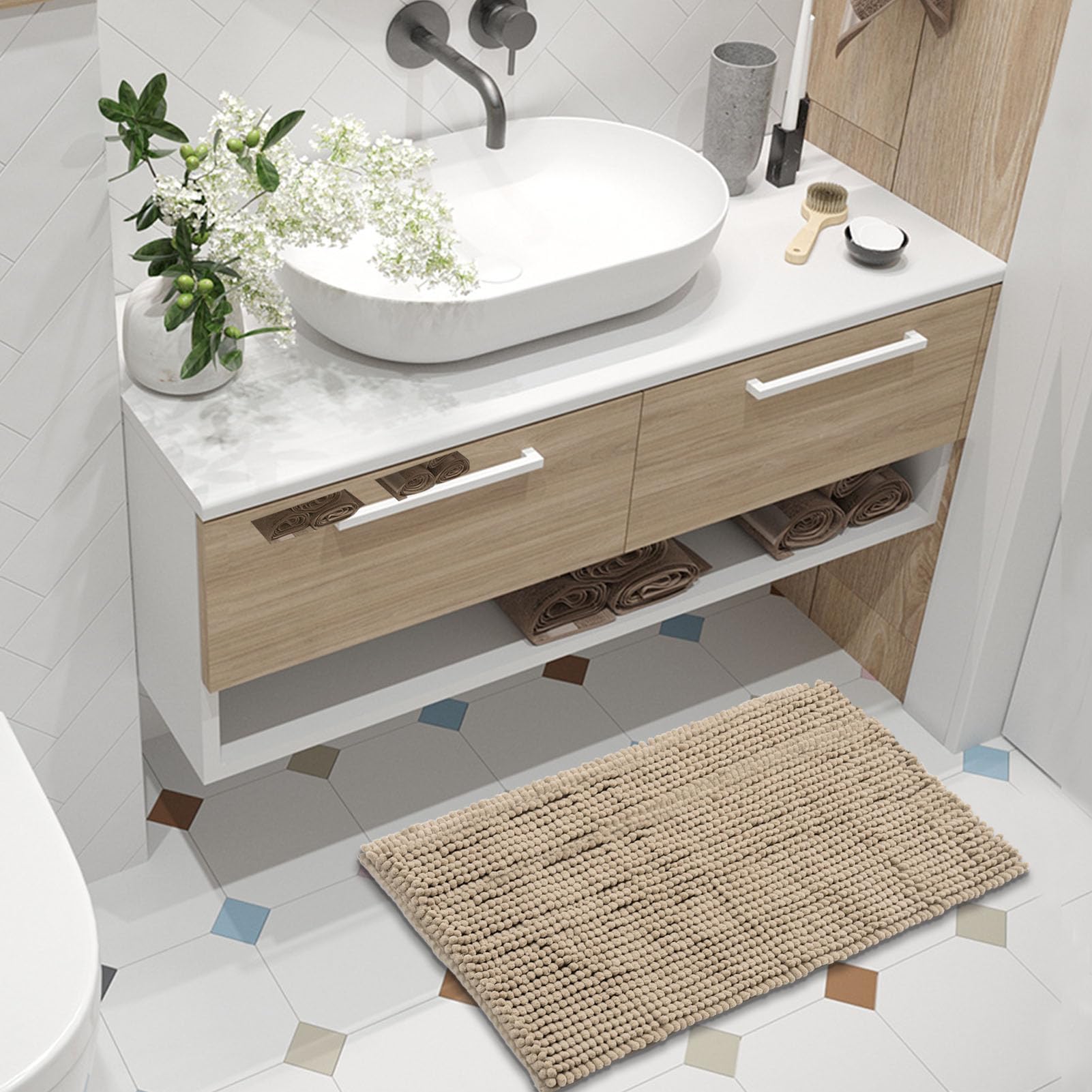 Freshmint Chenille Bathroom Rugs Non-Slip Bath Mat 24X17, Washable Soft Shower Mat, For Bathroom Floor & Tub Fluffy Shag Bath Ru