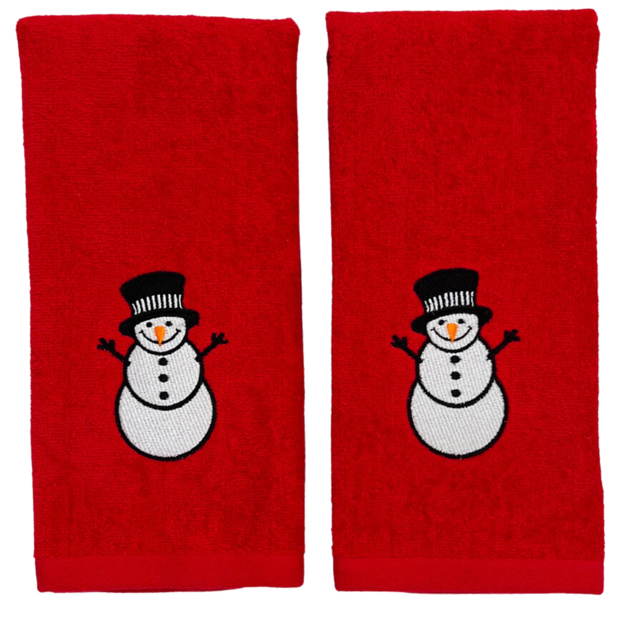 Christmas Holiday Red Snowman Hand Towels With Checkered Border: Luxury Bathroom Guest Towels, Embroidered (25'' X 16'' Inch)