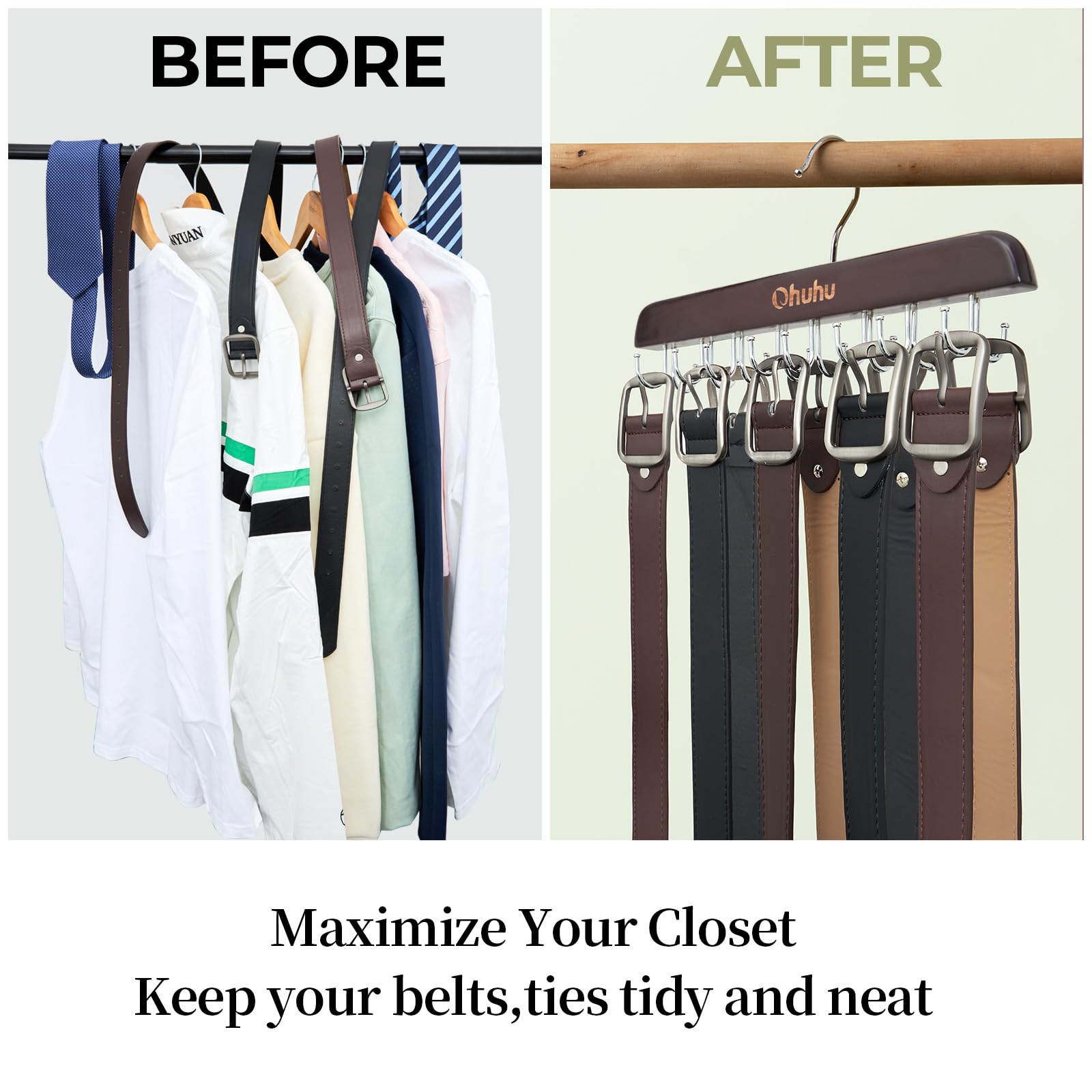 Belt Hanger Organizer For Closet: Ohuhu 16 Hooks Max 48 Belts Tie Rack Wooden Belt Holder For Storage 360 Degree Rotating Space