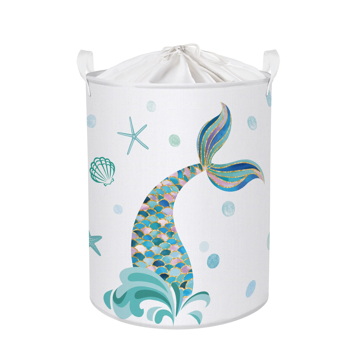 Clastyle 45L Adorable Kids Mermaid Laundry Hamper Blue Seashell Starfish Collapsible Laundry Basket With Drawstring Waterproof S