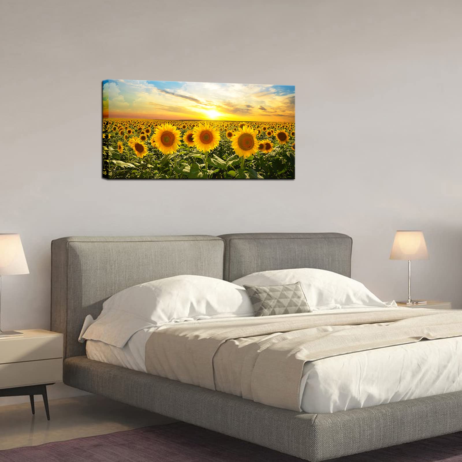 Biuteawal Sunflower Canvas Print Wall Art Sunset Landscape Pictures Flower Field Artwork Modern Painting for Home Kitchen Bedroom Dining Room Stretched and Framed Ready to Hang