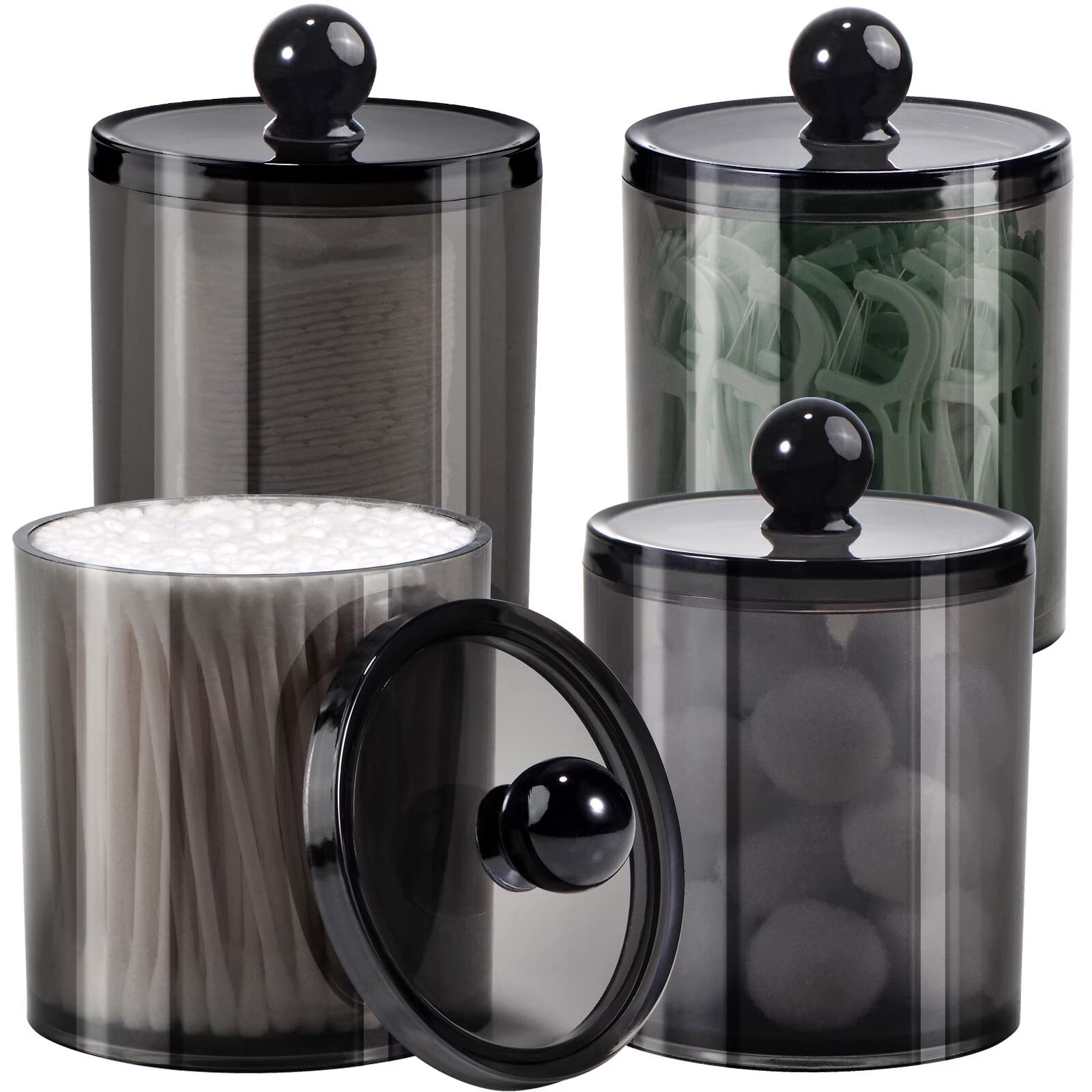 SheeChung 4 Pack Plastic Acrylic Bathroom Vanity Countertop Canister Jars with Storage Lid, Apothecary Jars Qtip Holder Makeup O