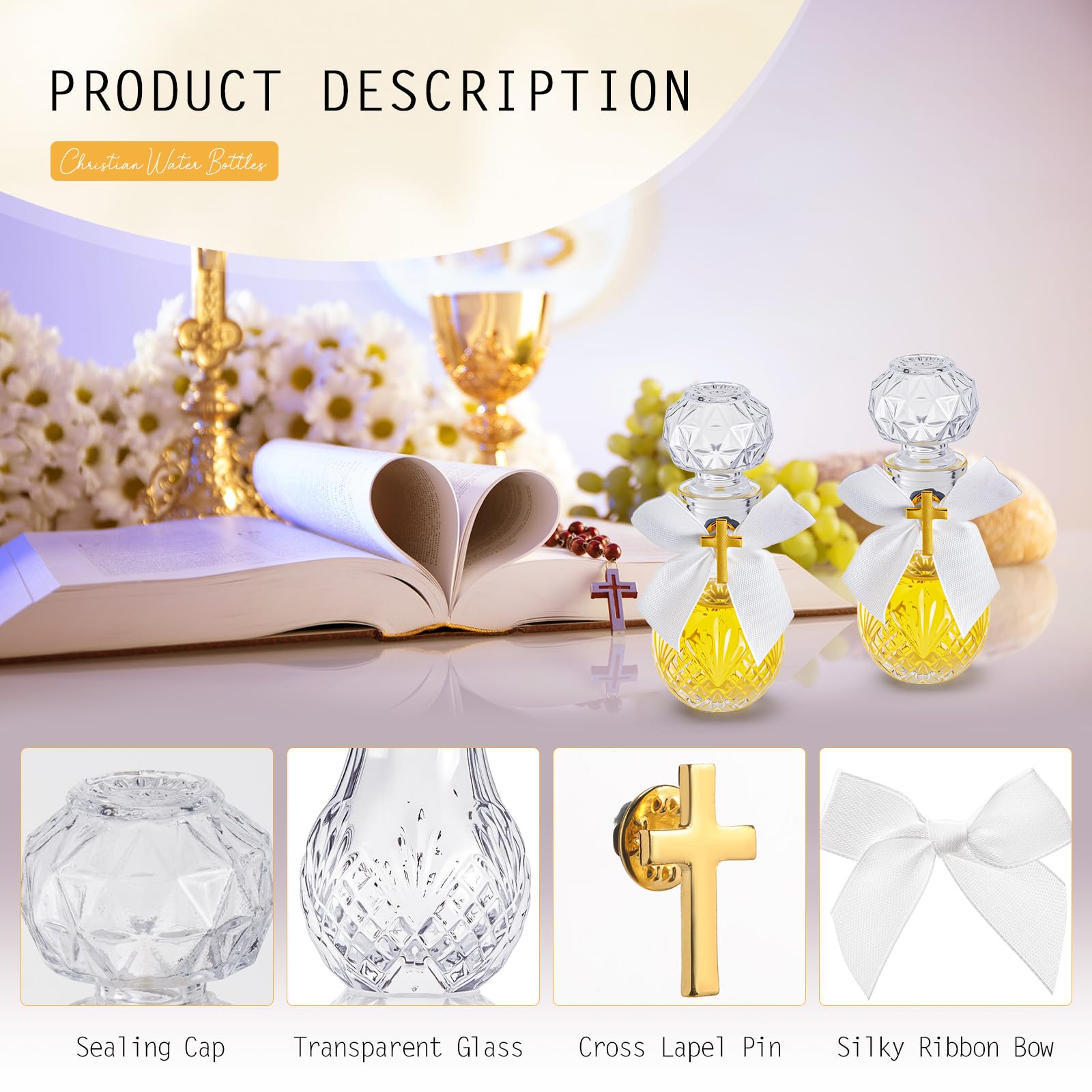 Chuangdi 30 Set Holy Catholic Water Bottles Bulk 50ml Christian Water Container Empty Glass Bottle with Cross Lapel Pin Organza