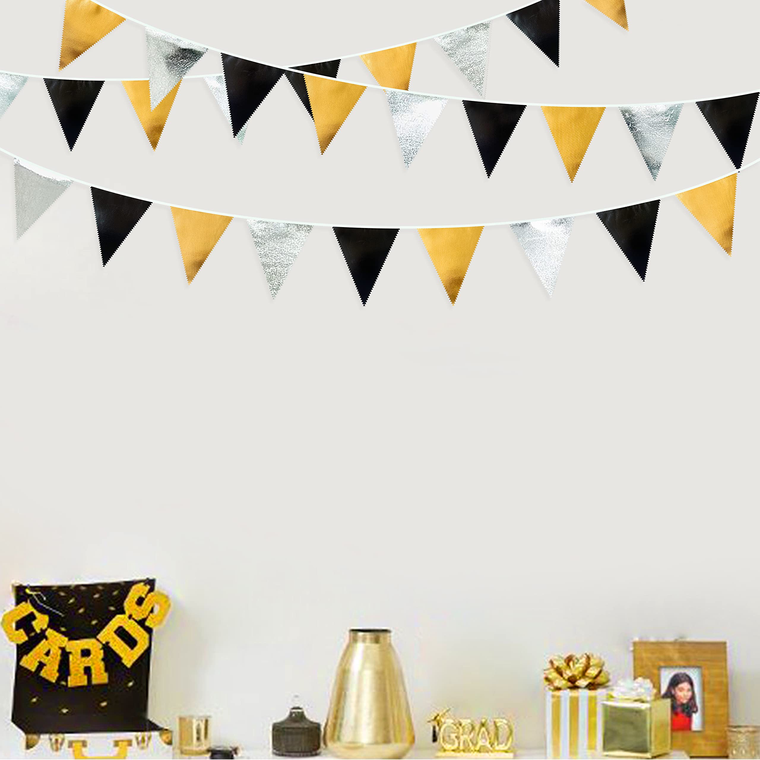 Black Gold Silver Party Decoration Triangle Pennant Banner Flag Metallic Fabric Bunting Garland For Birthday Graduation Annivers