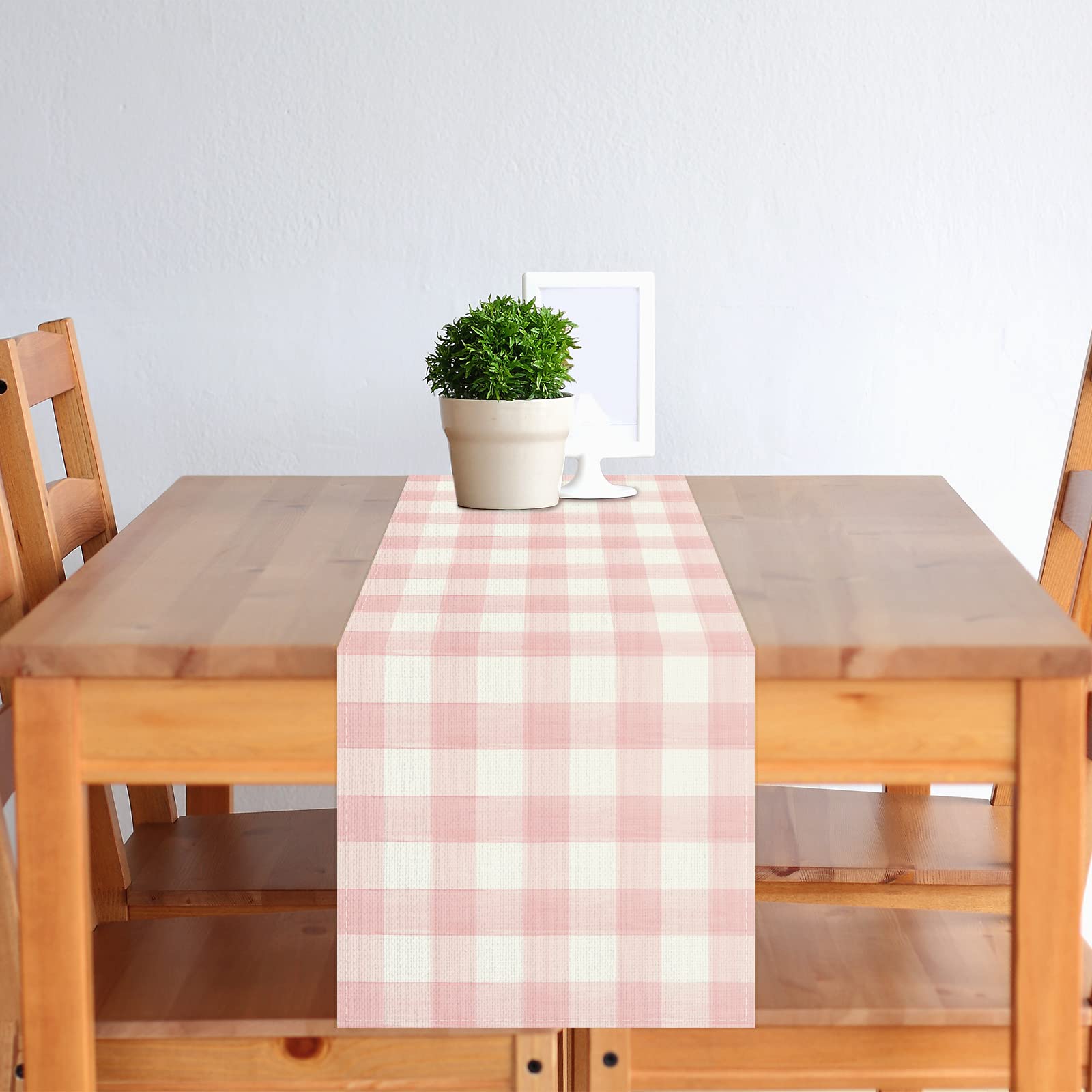 Rvsticty Linen Watercolor Pink White Buffalo Check Plaid Table Runner Gingham Tablecloth Farmhouse Spring Summer Easter Home Kitchen Table Decorations-13