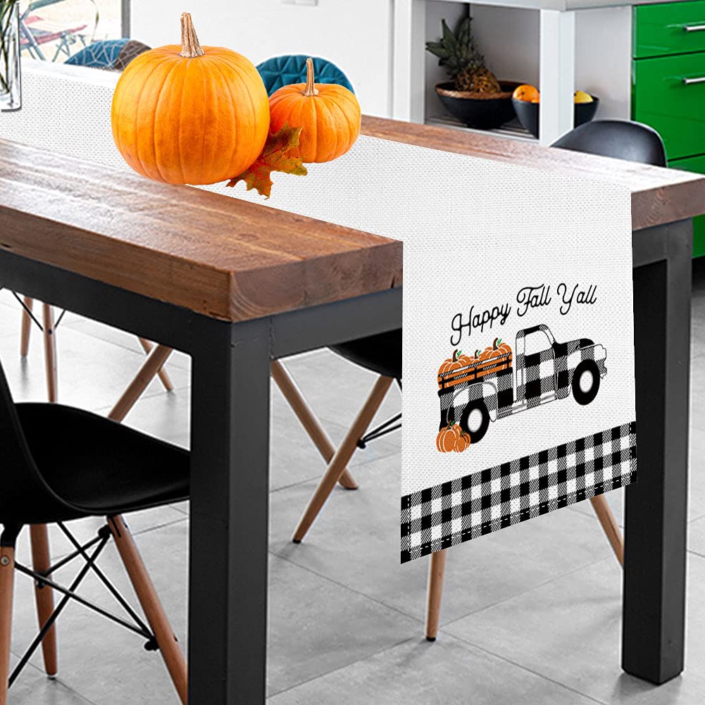 Fall Pumpkin Truck Table Runner, Seasonal Autumn Buffalo Plaid Pumpkin Holiday Kitchen Dining Table Decoration For Home Party De