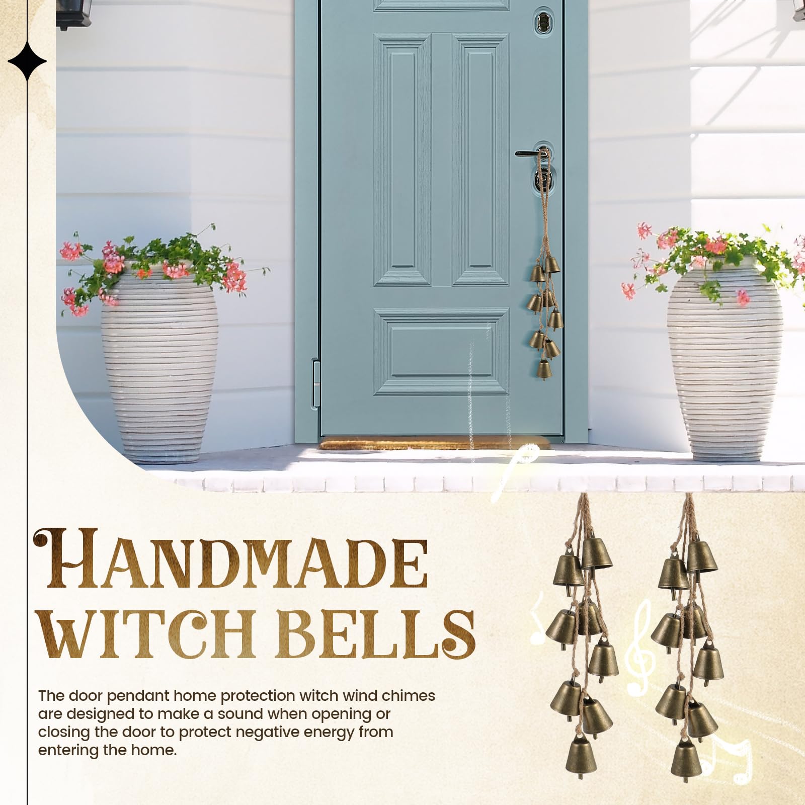 2 Pack Witch Bells for Door Knob Protection Outdoor Bells Hanging Bells for Door knob Witches Bells Magic Wind Chimes for Home P