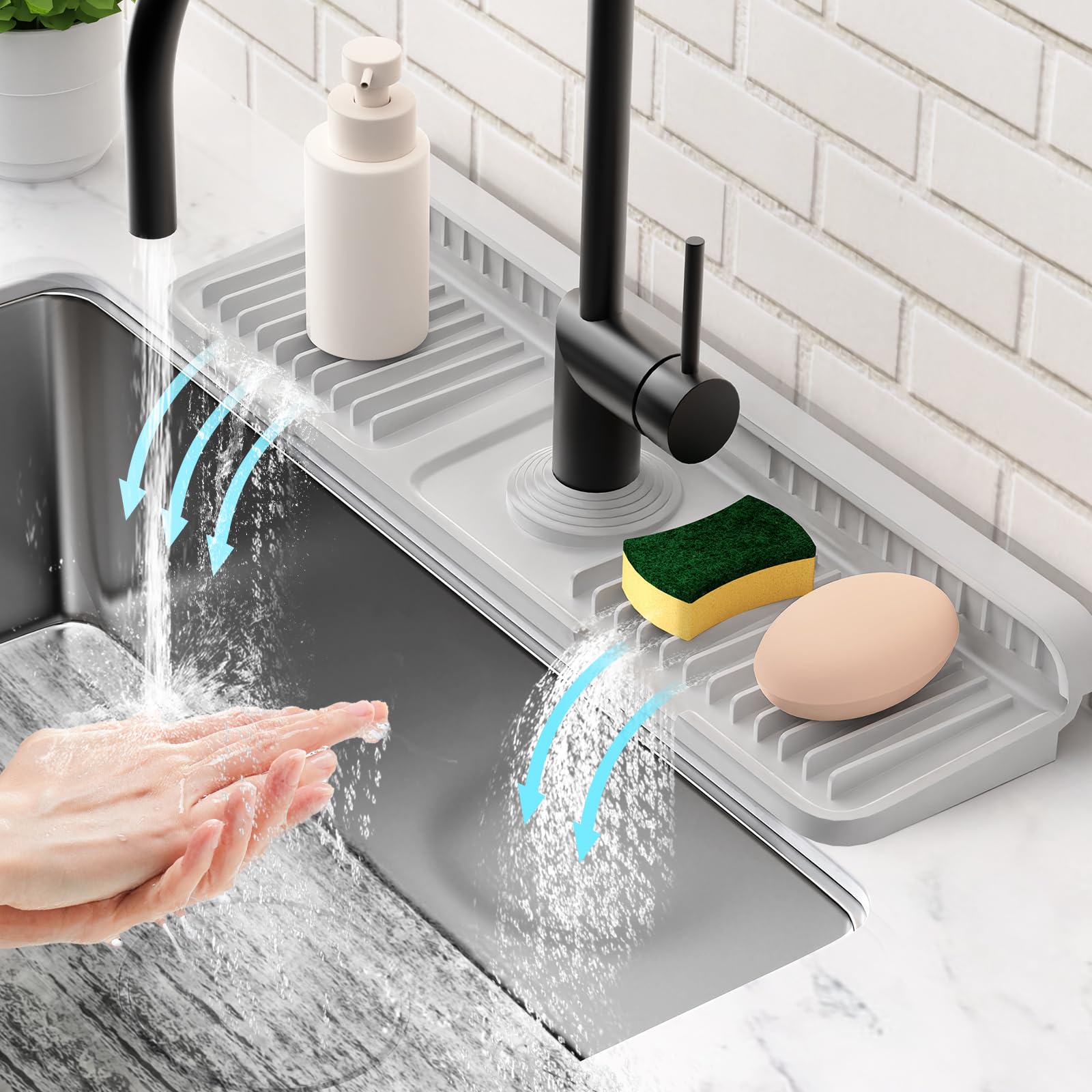 17.7 Folding Faucet Mat for Kitchen Sink Splash Guard[7 Slope Fast Self-draining][Snap Lock Fit] Kitchen Sink Faucet Mat Splas