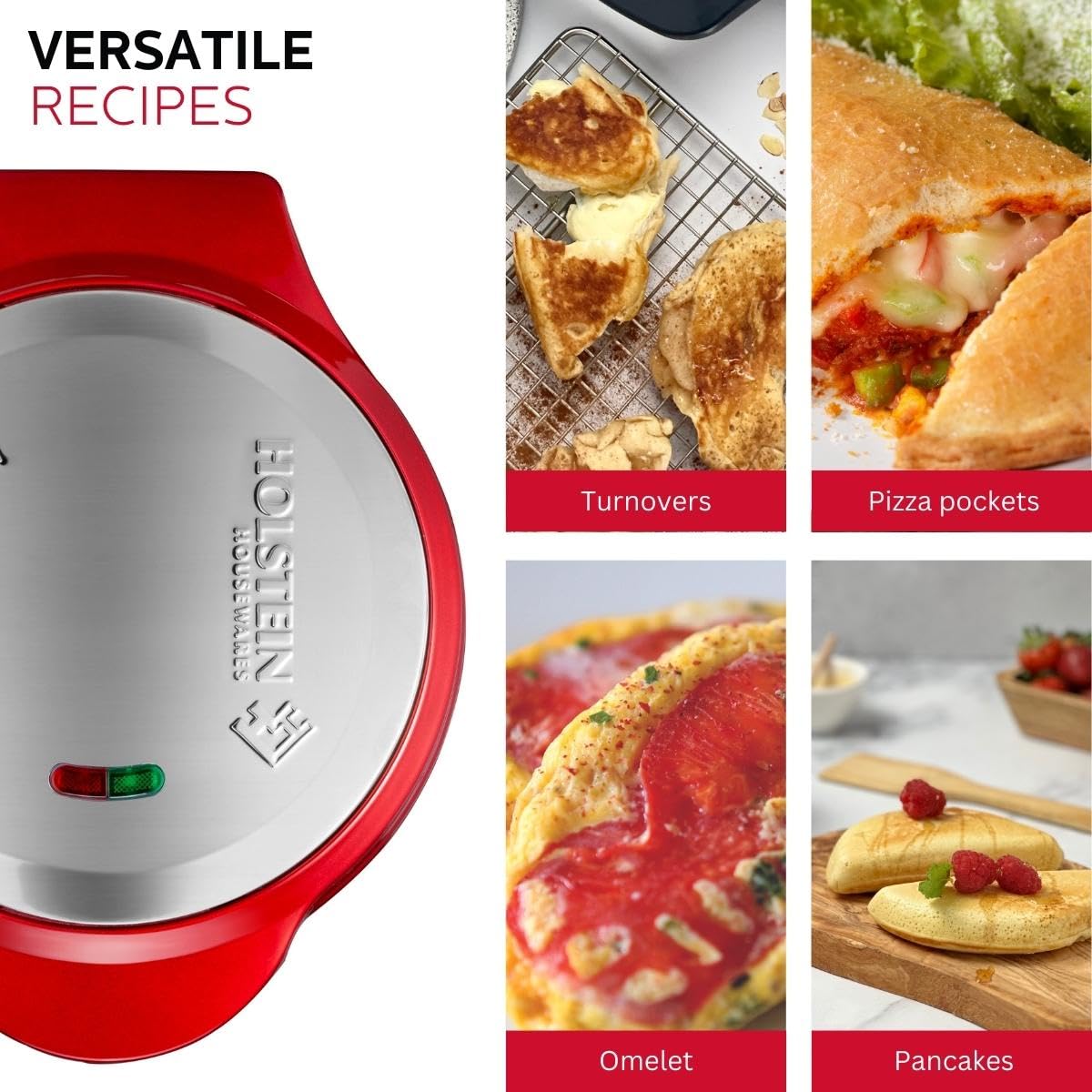 Holstein Housewares - Non-Stick Omelet & Frittata Maker, Metallic Red/Stainless Steel - Makes 2 Individual Portions Quick & Easy