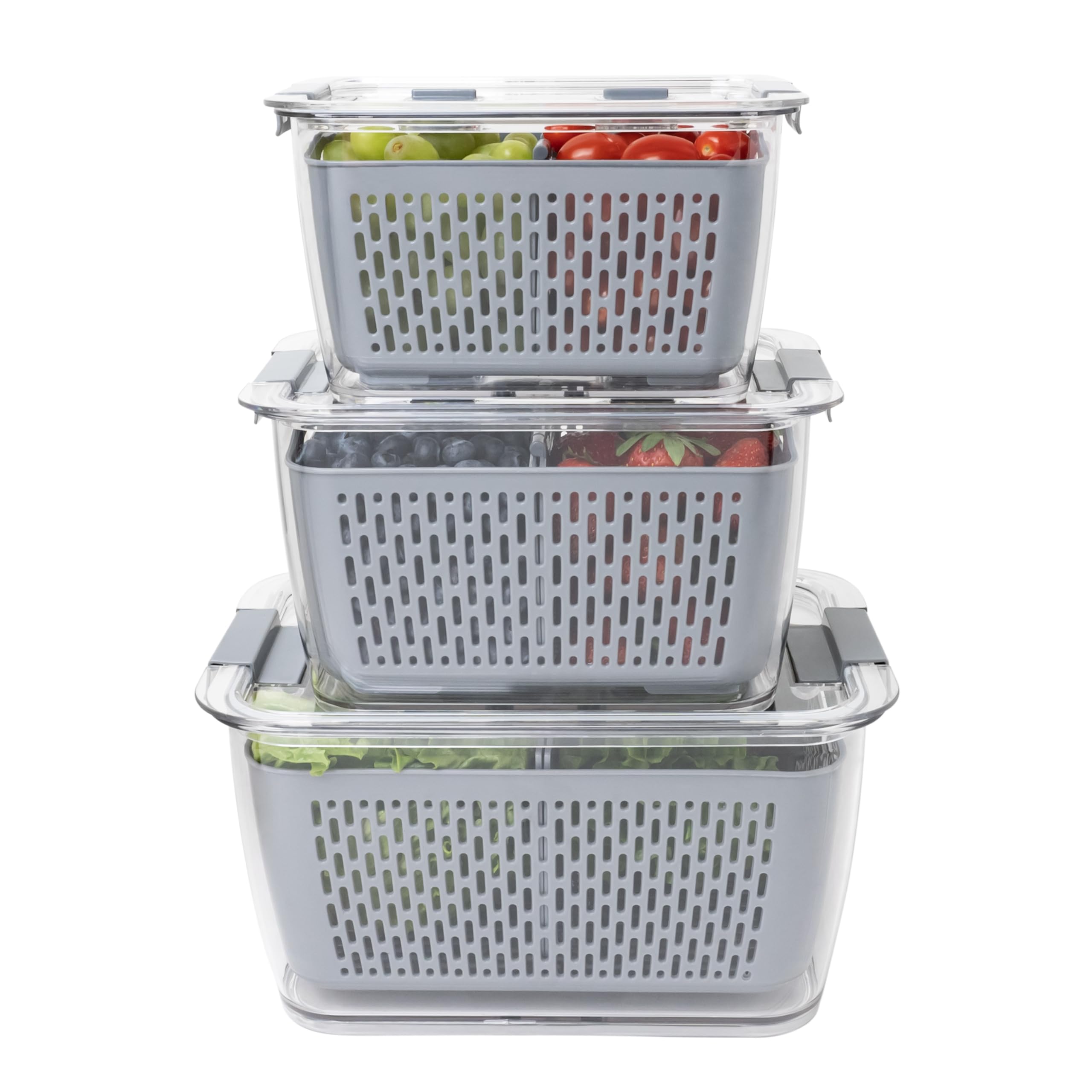 Kitchen Spaces Colander Food Storage Containers For Fridge, Gray, Variety Pack, 3 Sizes