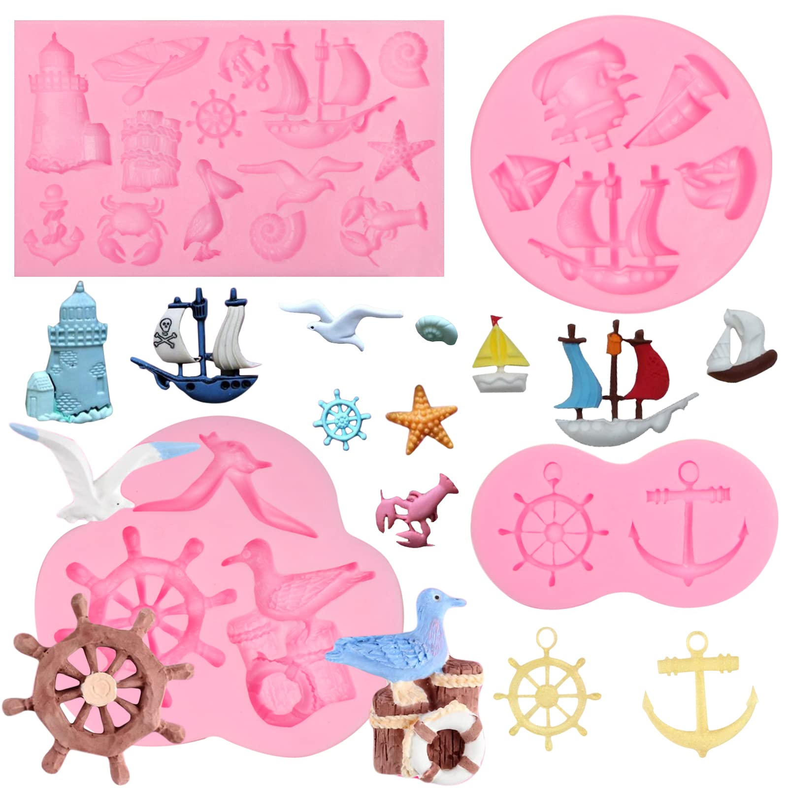 Anchor Fondant Molds 4 Pcs, Rudder Seagull Sailing Boat Hook Silicone Mold Lifebuoy Lighthouse Mold For Chocolate Cake Decoratio